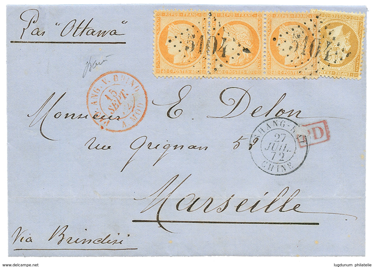 CHINA French POST OFFICE : 1872 FRANCE 10c EMPIRE + 40c SIEGE Strip Of 3 Canc. GC 5104 + SHANG-HAI CHINE On Cover To FRA - Sonstige & Ohne Zuordnung