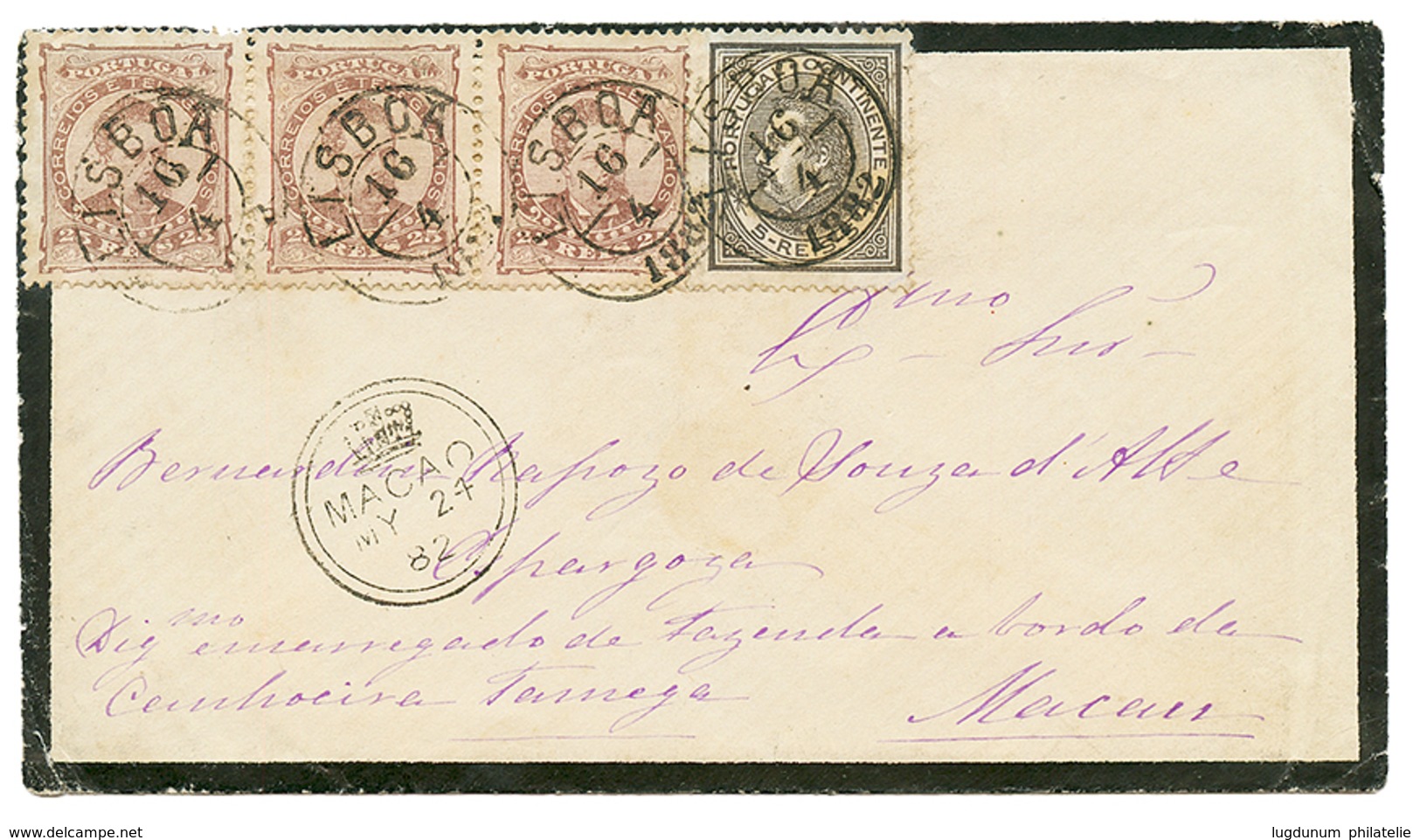 MACAO : 1882 PORTUGUAL 5r + 25r(x3) Canc. LISBOA + Superb Crown Cds MACAO On Envelope To MACAO. RARE. Exhibition Item. S - Sonstige & Ohne Zuordnung