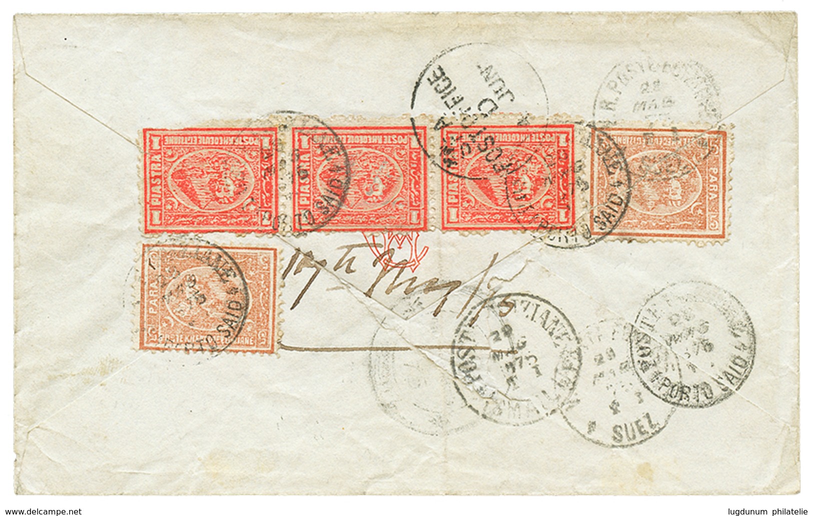 EGYPT : 1875 5 PARA (x2) + 1 PIASTRE(x3) Canc. PORTO-SAID On Reverse Of Envelope Via SUEZ To INDIA. Very Rare Combinatio - Sonstige & Ohne Zuordnung