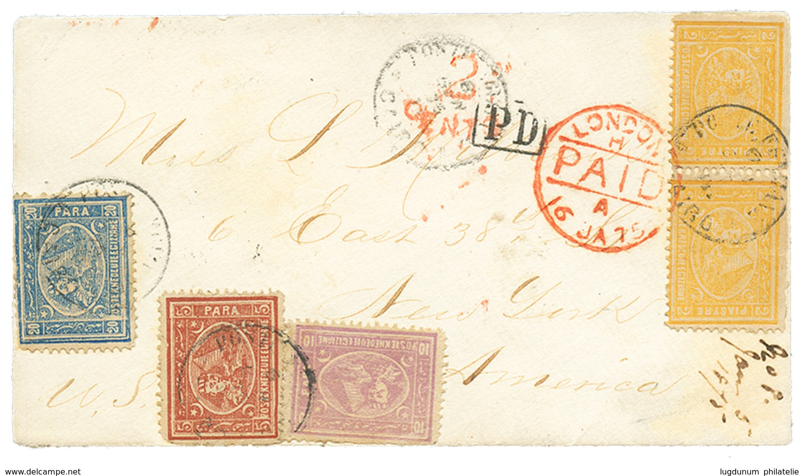 "4 PIASTRE 35 Para Rate To UNITED STATES : 1875 EGYPT 5p + 10p+ 20p+ 2 P(x2) On Envelope From CAIRO To NEW-YORK (USA). V - Sonstige & Ohne Zuordnung