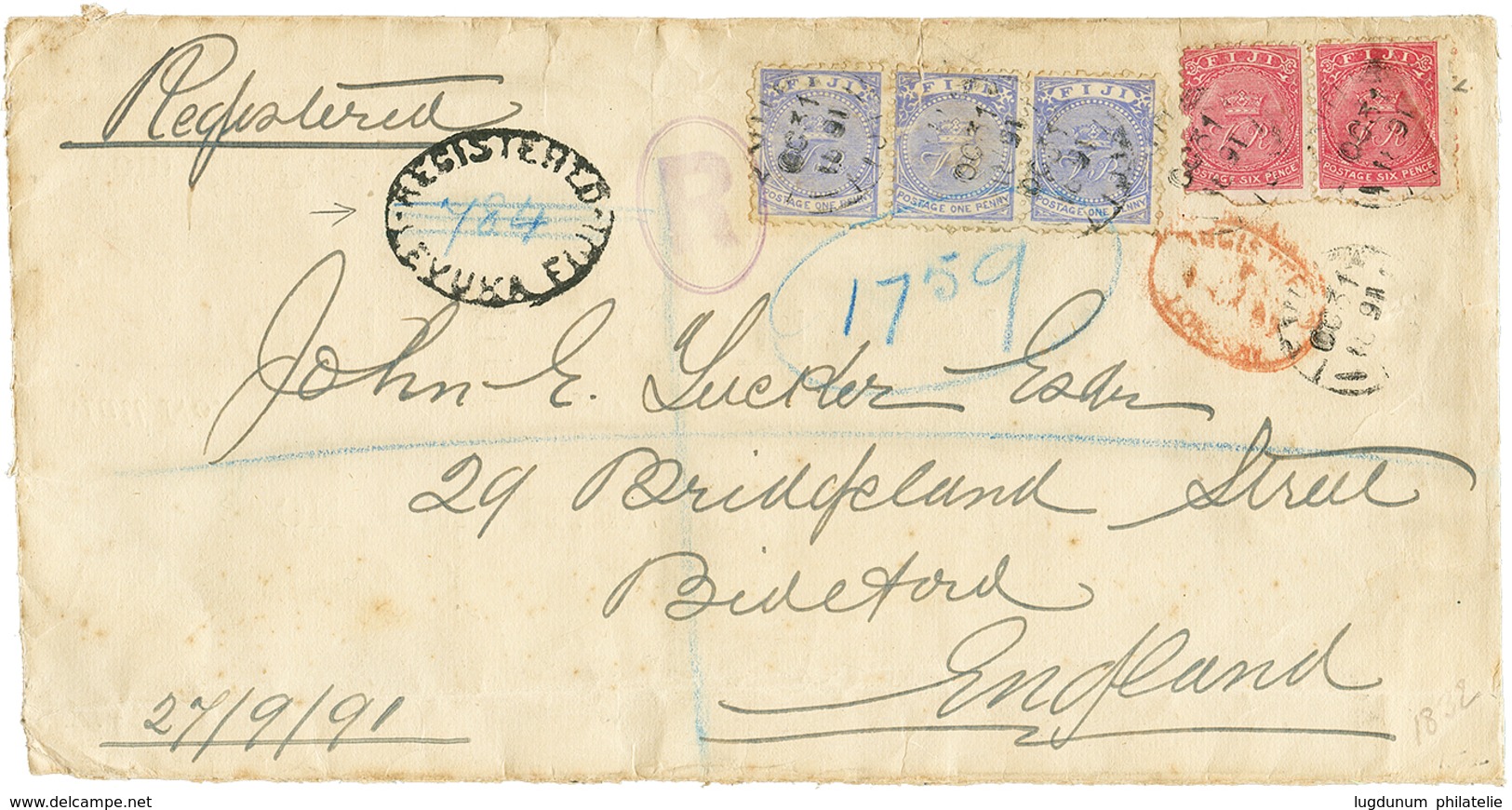 FIJI : 1891 1d(x3) + 6d(x2) + Rare Cachet REGISTERED LEVUKA FIJI On Envelope To ENGLAND. Some Faults. RARE. Vf. - Fidschi-Inseln (...-1970)
