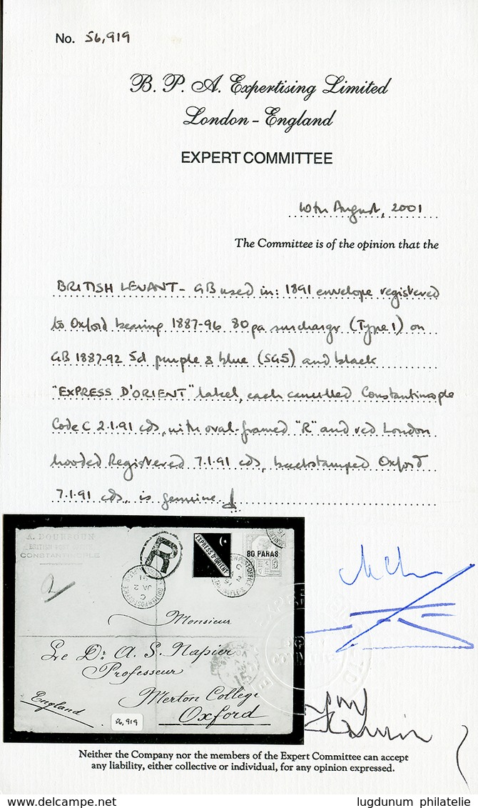 ORIENT EXPRESS : 1891 BRITISH LEVANT 5d + ORIENT EXPRESS Label In Black (rare) Canc. CONSTANTINOPLE On REGISTERED Envelo - Sonstige & Ohne Zuordnung