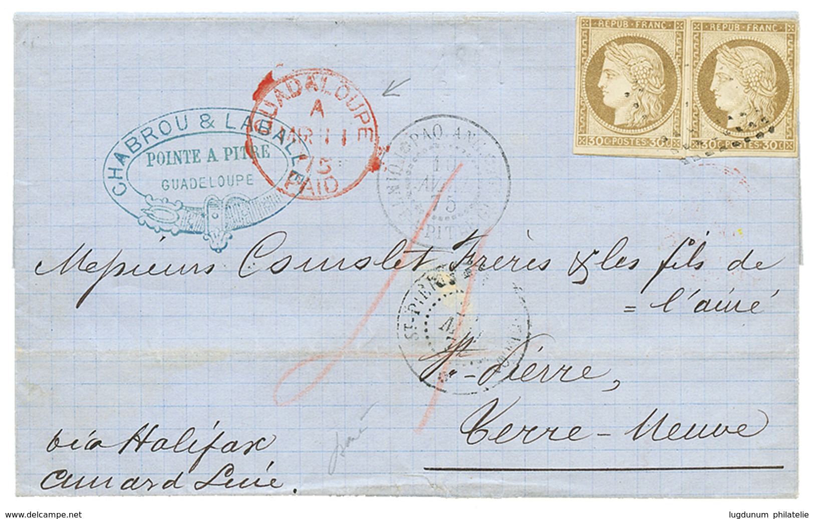 "GUADELOUPE - BRITISH STEAMSHIP AGENT To ST PIERRE ET MIQUELON" : 1875 FRENCH COLONIES 30c(x2) + Red Cachet GUADALOUPE P - Sonstige & Ohne Zuordnung