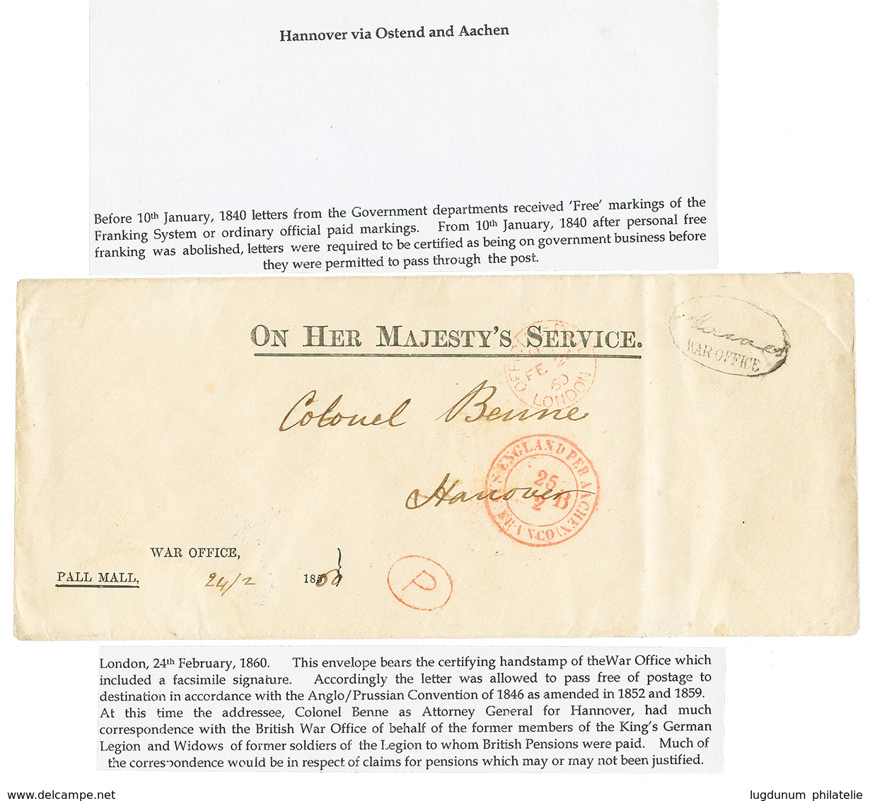 "Free Franking To HANNOVER" : 1860 WAR OFFICE Cachet + AUS ENGLAND PER AACHEN FRANCO On "OHMS" Envelope To "COLONEL BENN - Sonstige & Ohne Zuordnung