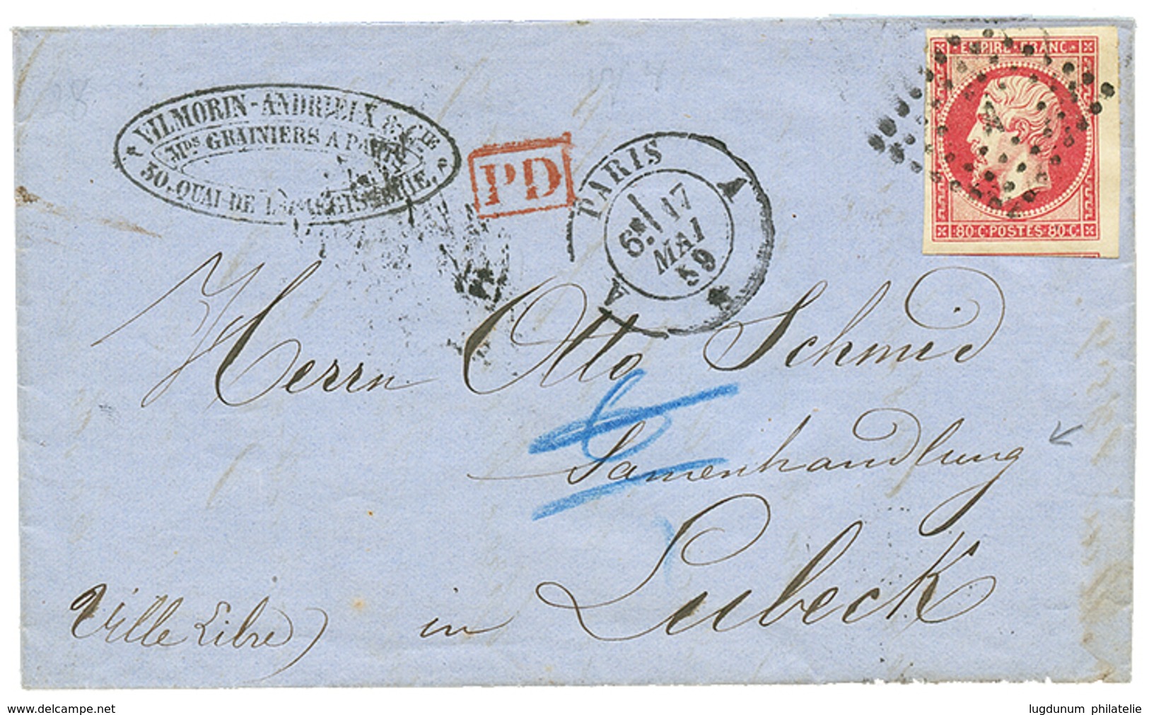 "LUBECK" : 1859 FRANCE 80c With Exceptionnal Margins Canc. On Entire Letter From PARIS To LUBECK. Very Rare Destination  - Sonstige & Ohne Zuordnung