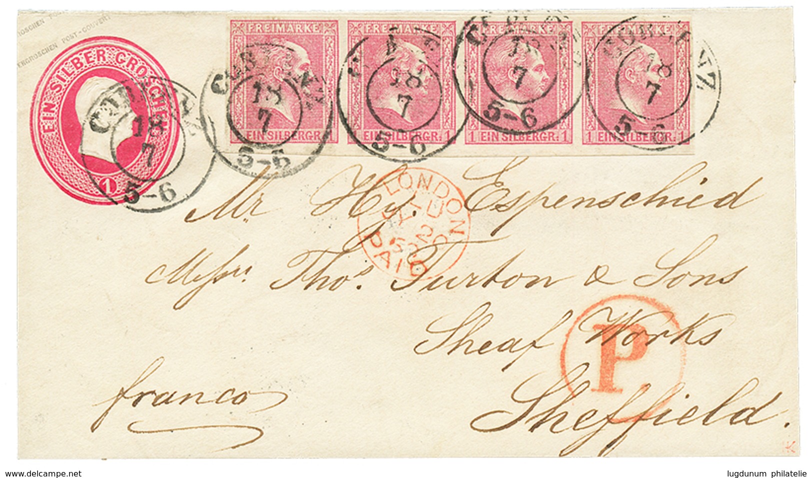 PRUSSIA : 1860 P.Stat (refolded) 1Sgr + 1sgr Strip Of 4 With Nice Margins Canc. COBLENZ To ENGLAND. RARE. J. KASTAUN Cer - Sonstige & Ohne Zuordnung