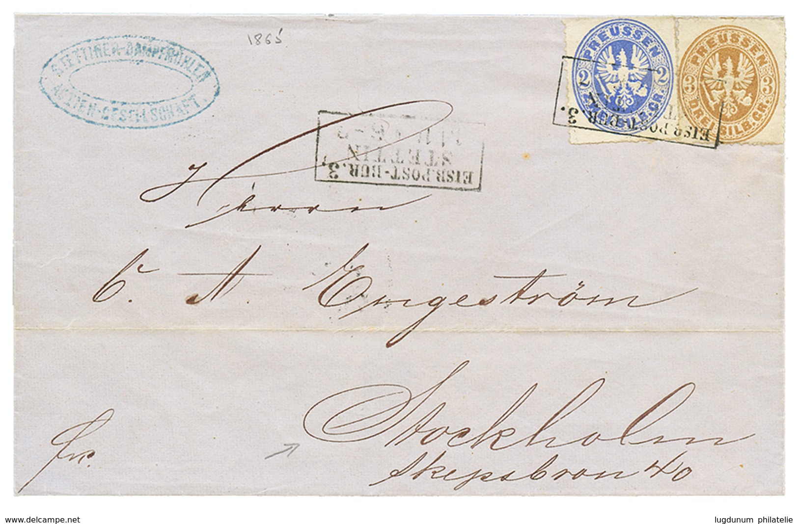 PRUSSIA To SWEDEN : 1865 2s + 3s Canc. STETTIN On Cover To STOCKHOLM (SWEDEN). Vvf. - Sonstige & Ohne Zuordnung