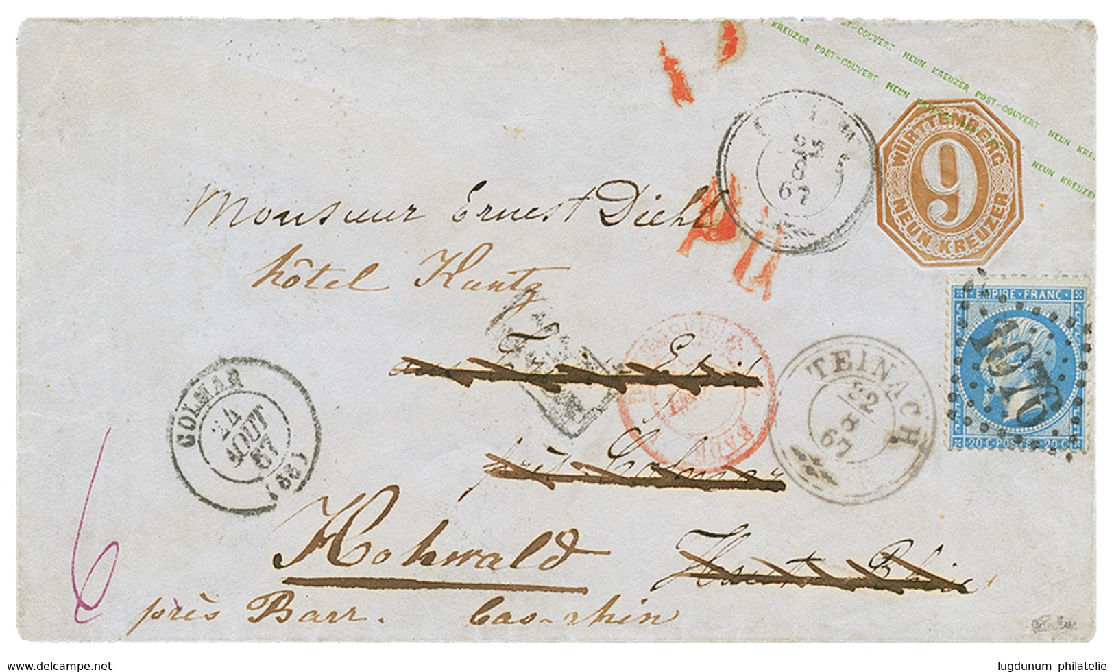 WURTTEMBERG : 1867 P./Stat 9kr Canc. TEINACH To COLMAR (FRANCE) Redirected With FRANCE 20c Canc. GC 1076 + COLMAR To HOC - Sonstige & Ohne Zuordnung