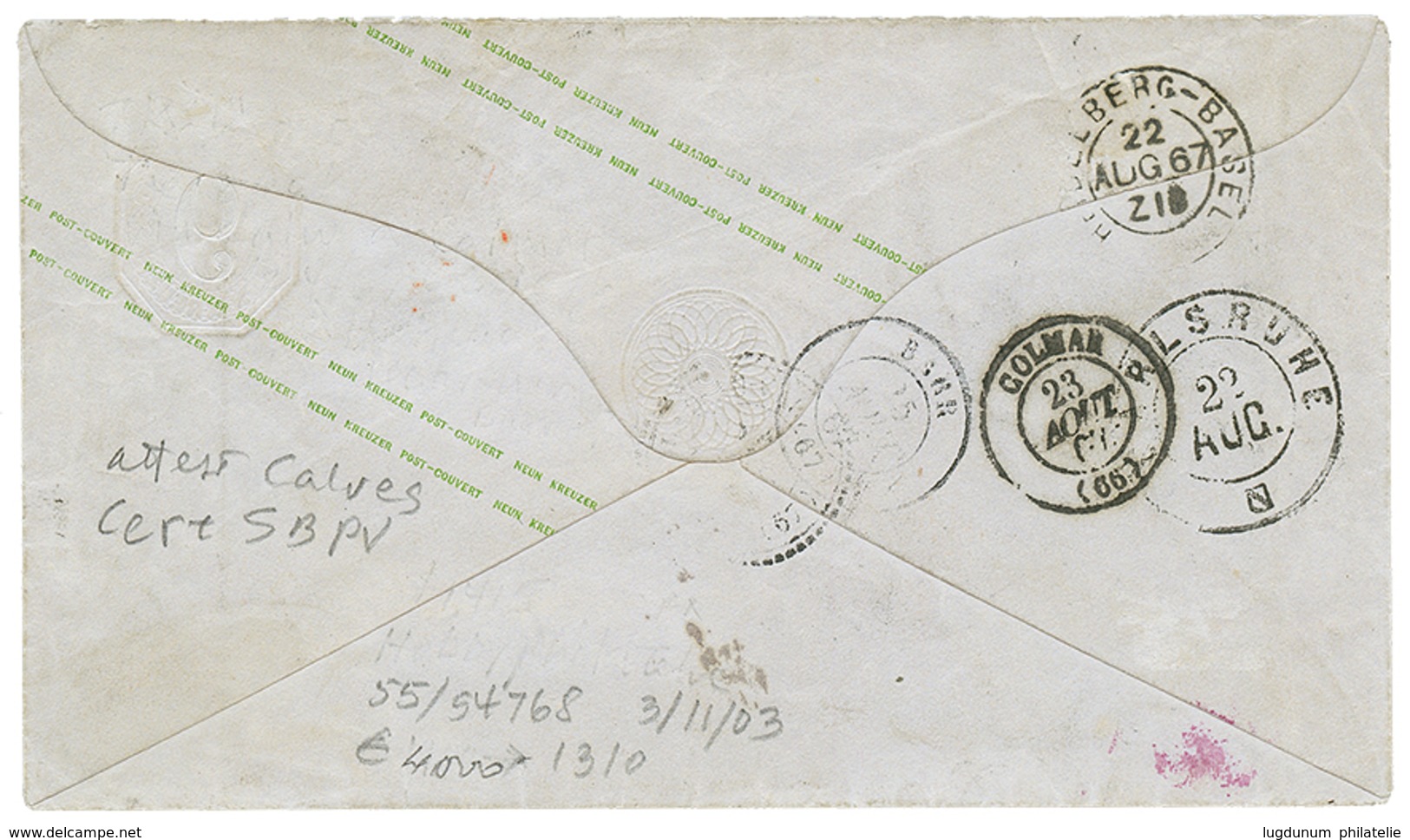 WURTTEMBERG : 1867 P./Stat 9kr Canc. TEINACH To COLMAR (FRANCE) Redirected With FRANCE 20c Canc. GC 1076 + COLMAR To HOC - Sonstige & Ohne Zuordnung