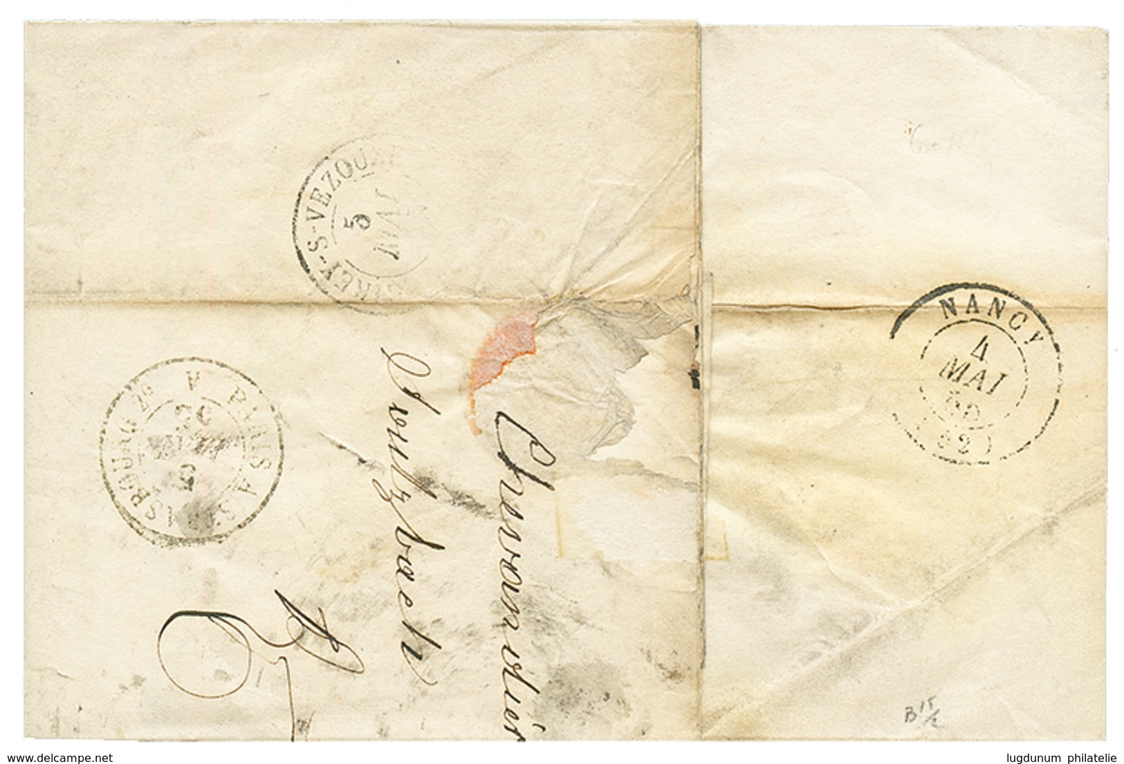 1855 Boxed SULZBACH + "75" Tax Marking In Red (Extremely Rare In Red) + PRUSSE 2 FORBACH On Entire Letter To FRANCE. Sup - Sonstige & Ohne Zuordnung