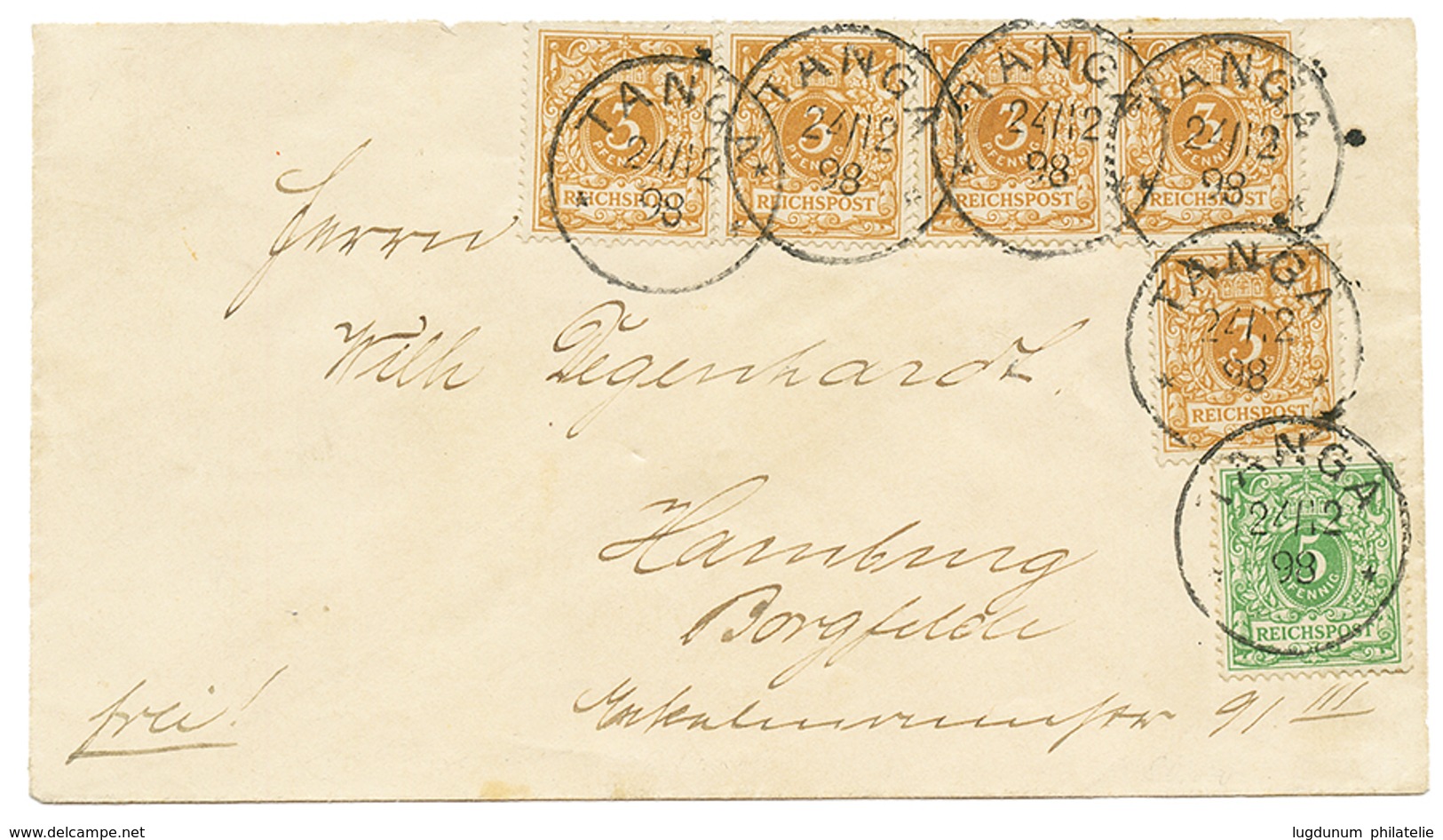 GERMAN EAST AFRICA : 1898 VORLAUFER 3pf(v45c)x5 + 5pf(v46c) Canc. TANGA On Cover To HAMBURG. Vvf. - Deutsch-Ostafrika