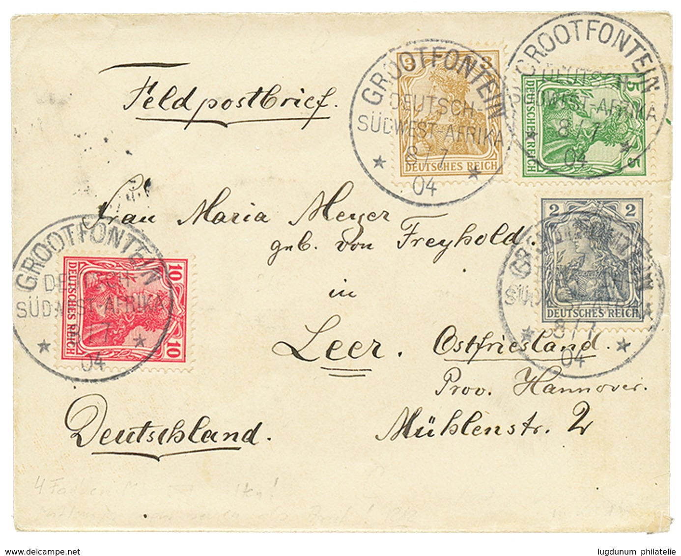 1904 GERMANIA 2pf+ 3pf+ 5pf+ 10pf Canc. GROOTFONTEIN On "FELDPOSTBRIEF" To LEER. Verso, OKAHANDJA. Rare Cancel On Stamps - Deutsch-Südwestafrika