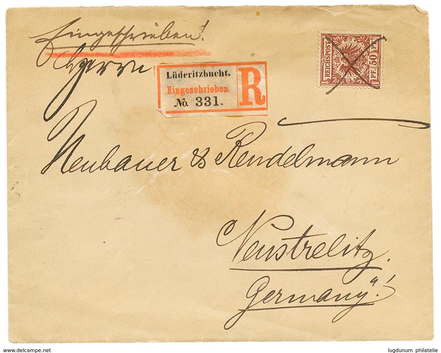 DSWA - VORLAUFER : 1893 50pf(n°50d) Pen Cancel On REGISTERED Envelope From LÜDERITZBUCHT Via CAPE-TOWN To GERMANY. STEUE - Deutsch-Südwestafrika