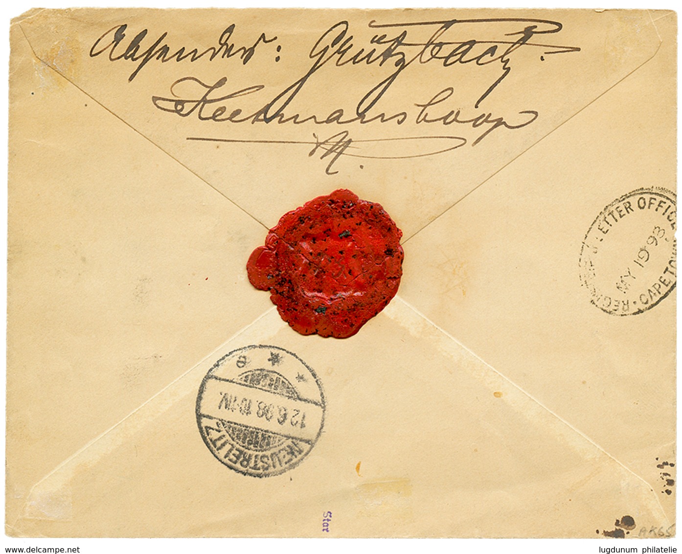 DSWA - VORLAUFER : 1893 50pf(n°50d) Pen Cancel On REGISTERED Envelope From LÜDERITZBUCHT Via CAPE-TOWN To GERMANY. STEUE - Deutsch-Südwestafrika