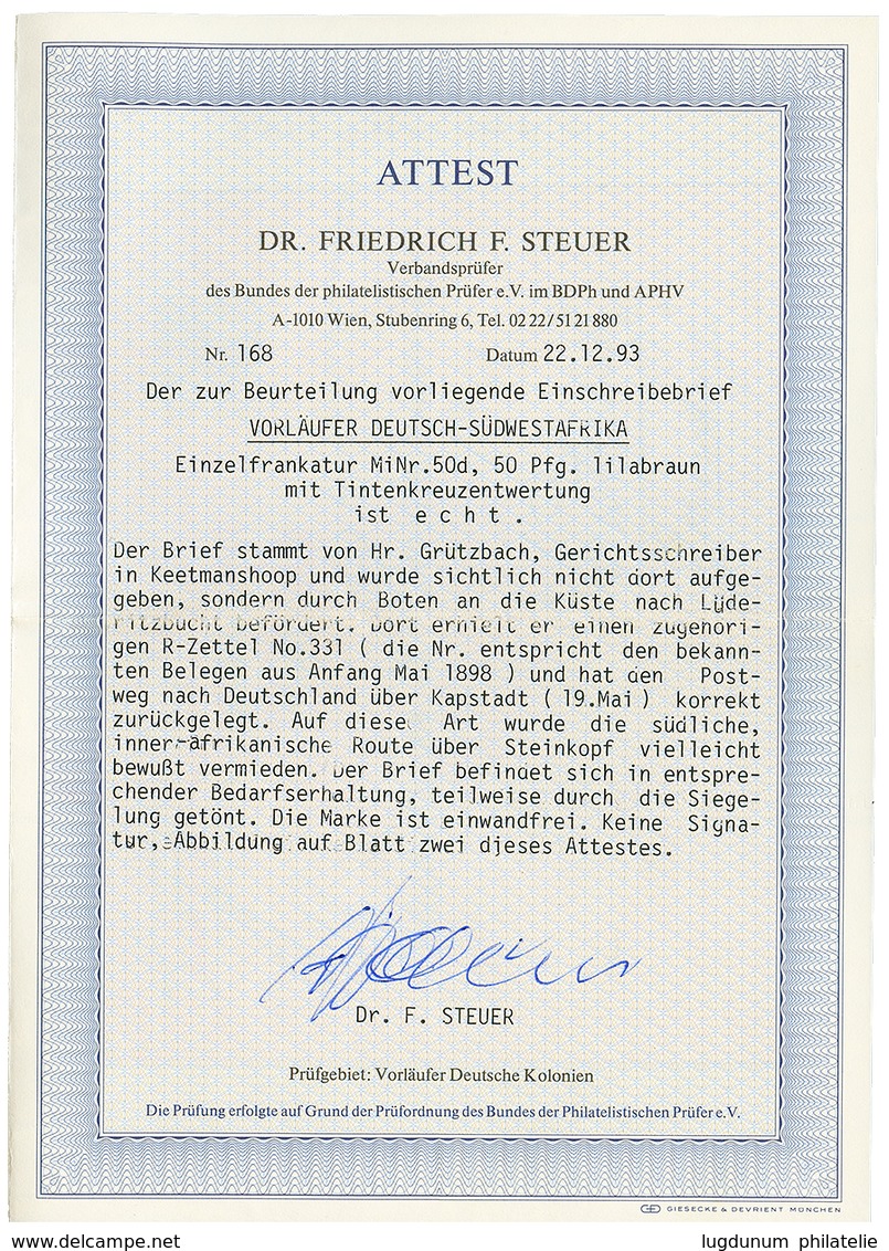 DSWA - VORLAUFER : 1893 50pf(n°50d) Pen Cancel On REGISTERED Envelope From LÜDERITZBUCHT Via CAPE-TOWN To GERMANY. STEUE - Deutsch-Südwestafrika