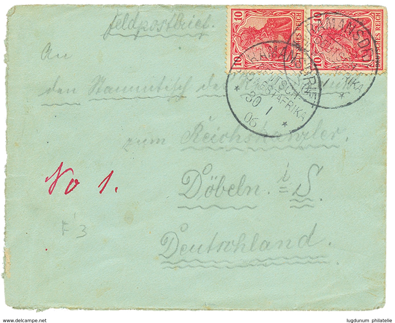 "RAMANSDRIFT On German Stamps" : 1906 GERMANIA 10pf(x2) Canc. RAMANSDRIFT On "FELDPOSTBRIEF" To GERMANY. Scarce. Vf. - Deutsch-Südwestafrika