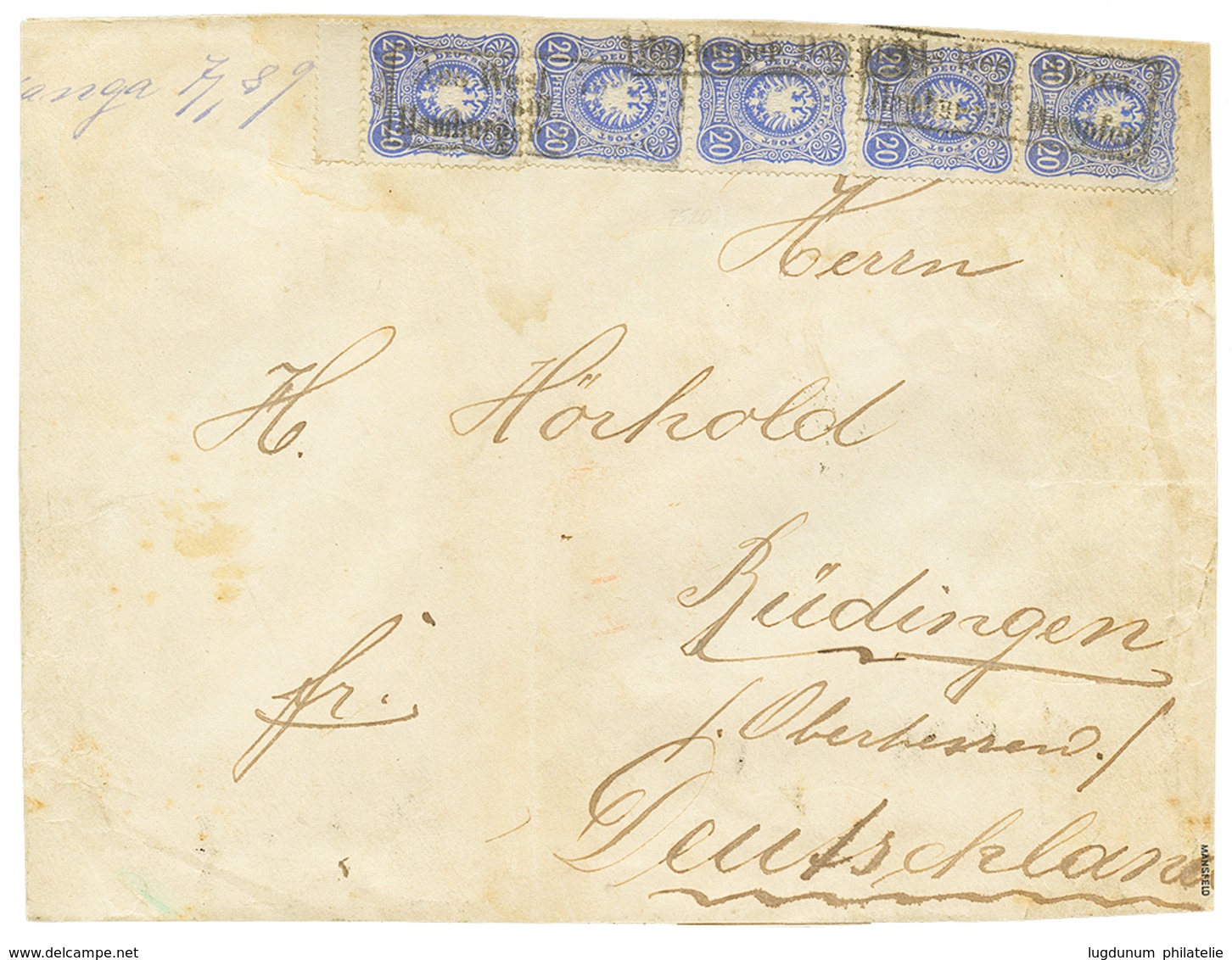 1889 GERMANY 20pf Strip Of 5 Canc. AUS WEST AFRIKA Uber HAMBURGER DAMPFER + Partial "(BAT)ANGA" On Envelope (reduced At  - Kamerun