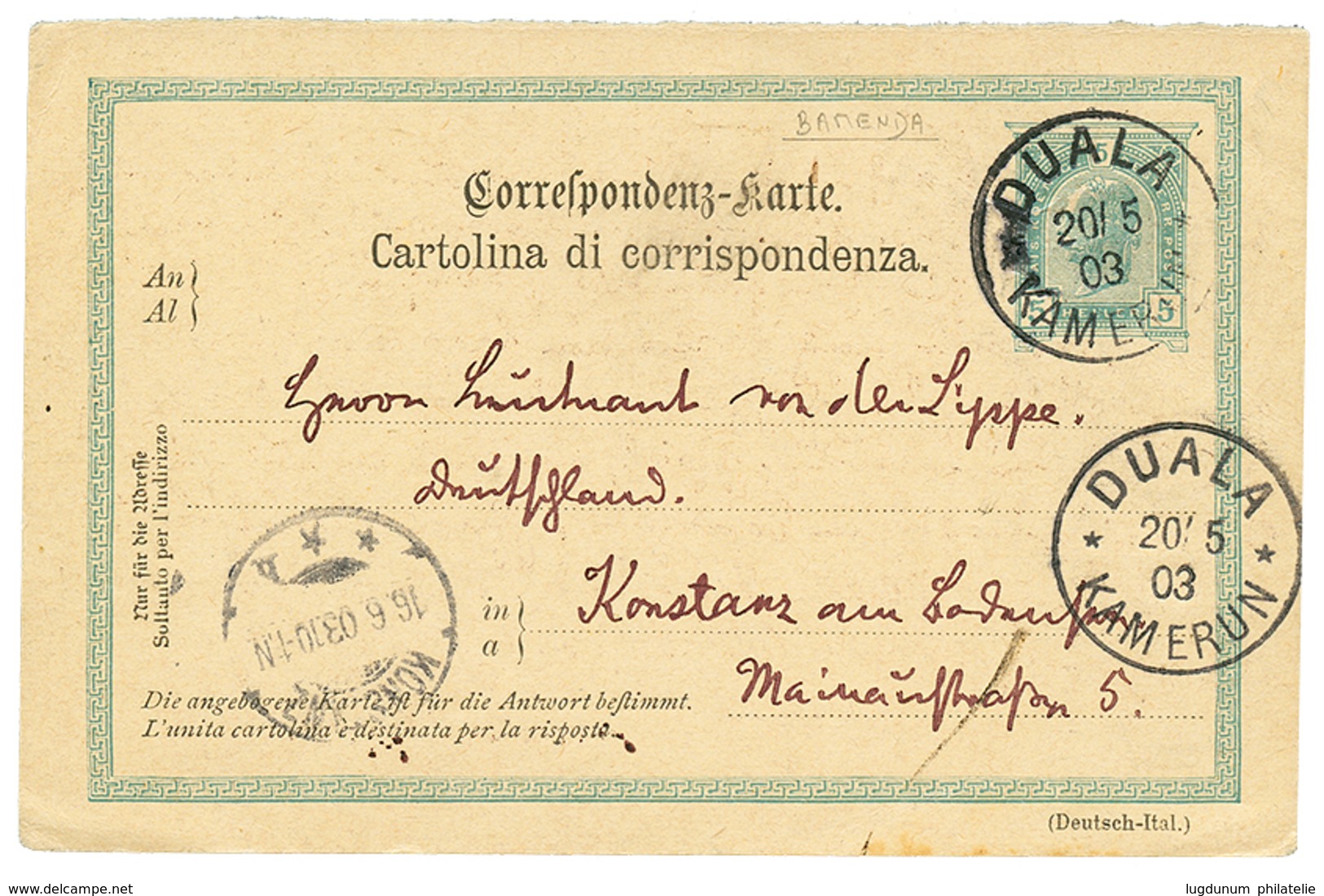 "BAMENDA - Precursor" : 1903 AUSTRIA P./Stat. 5h Datelined "BAMENDA"canc. DUALA KAMERUN To KONSTANZ. BAMENDA POST OFFICE - Kamerun