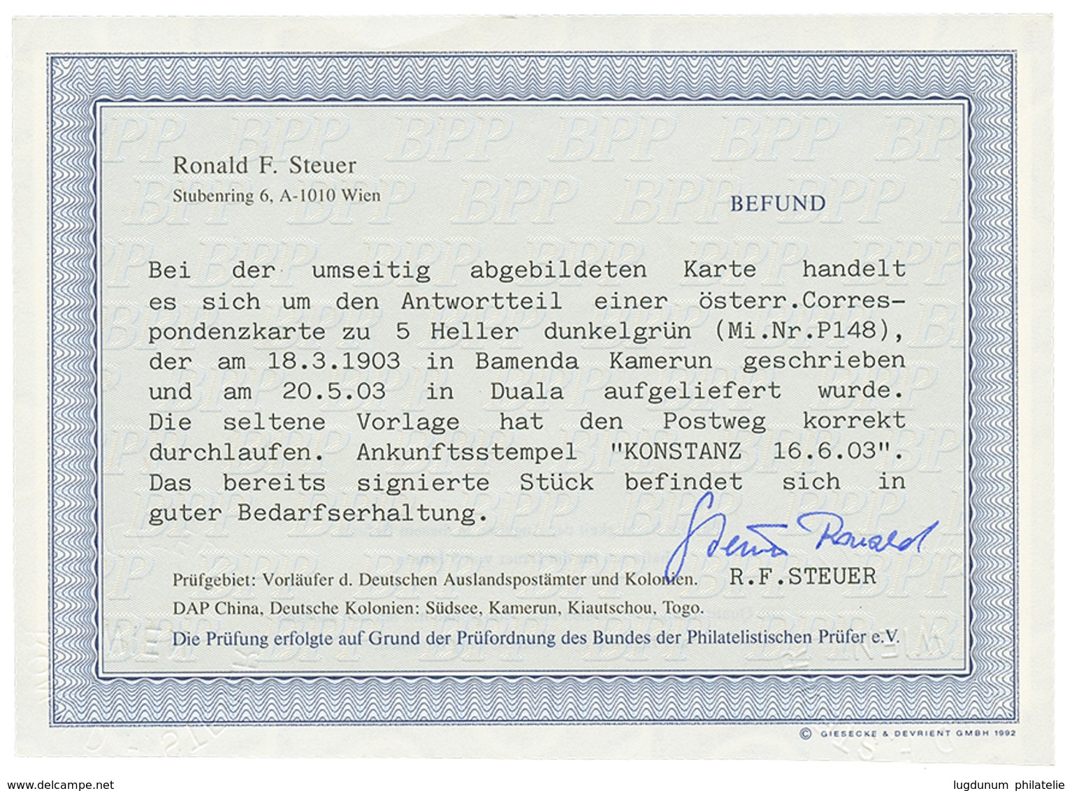 "BAMENDA - Precursor" : 1903 AUSTRIA P./Stat. 5h Datelined "BAMENDA"canc. DUALA KAMERUN To KONSTANZ. BAMENDA POST OFFICE - Kamerun