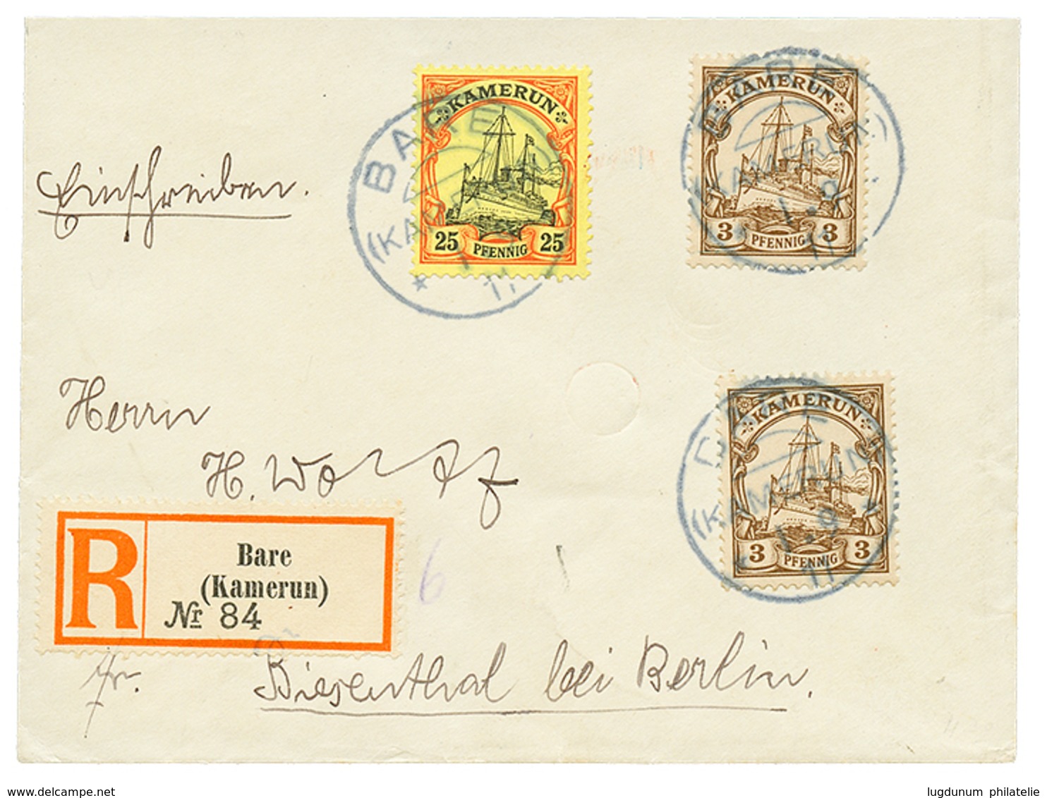 "BARE" : 1911 3pf(x2) + 25pf Canc. BARE On REGIOSTERED Envelope To BERLIN. Vvf. - Kamerun