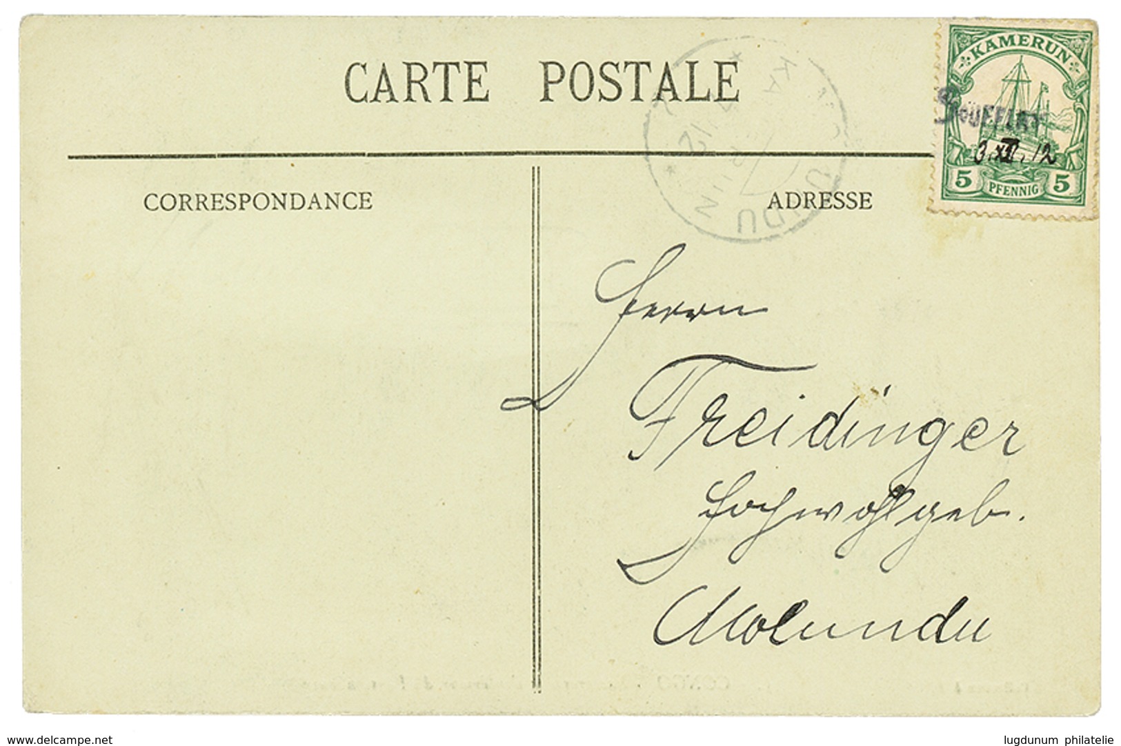 "SOUFFLAY" : 1912 5pf(small Faults) Canc. SOUFFLAY (small Type) On Card To MOLUNDU. Scarce. Vf. - Kamerun