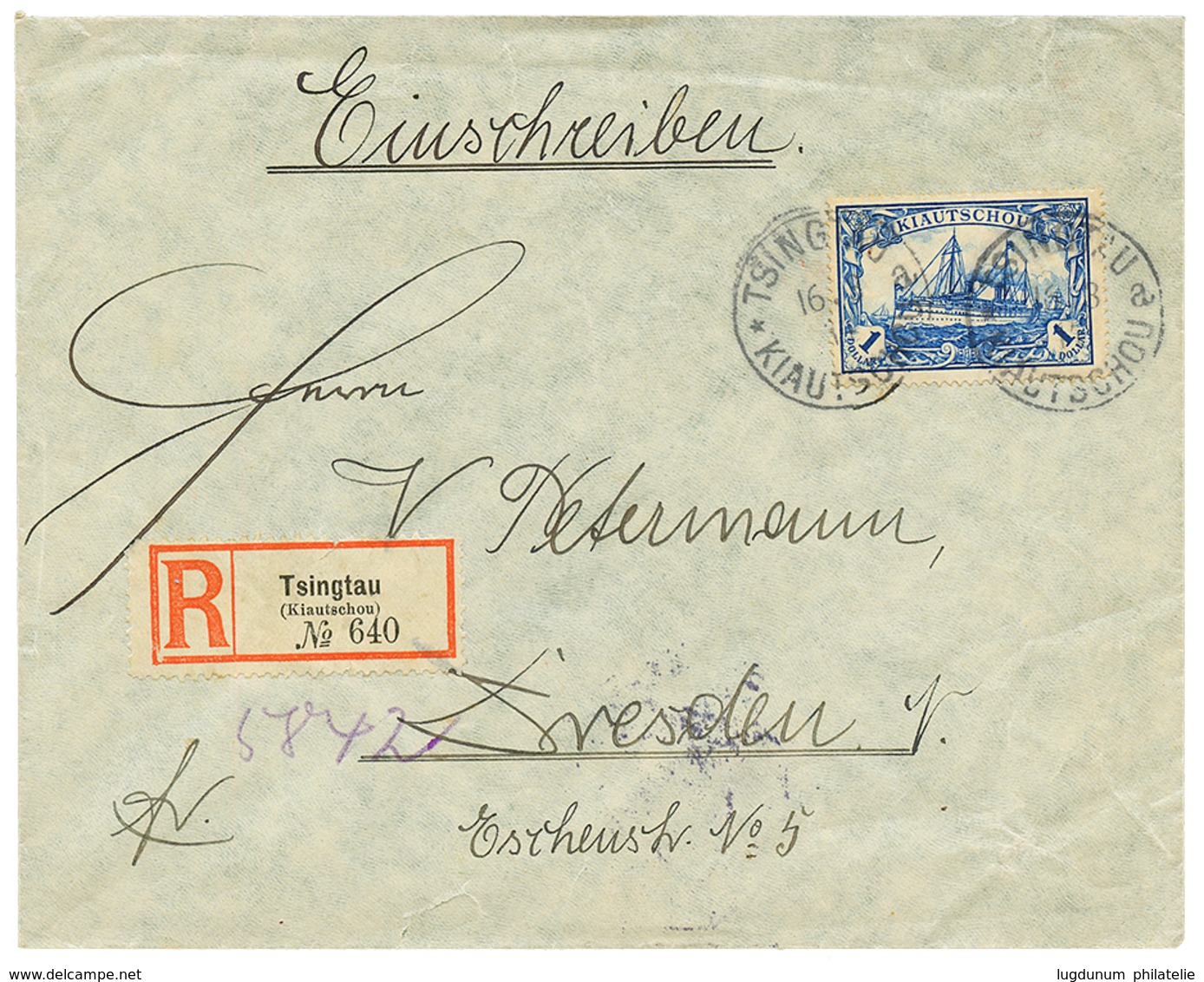 KIAUTSCHOU : 1914 1 MARK Canc. TSINGTAU On REGISTERED Envelope To GERMANY. Vvf. - Kiautschou