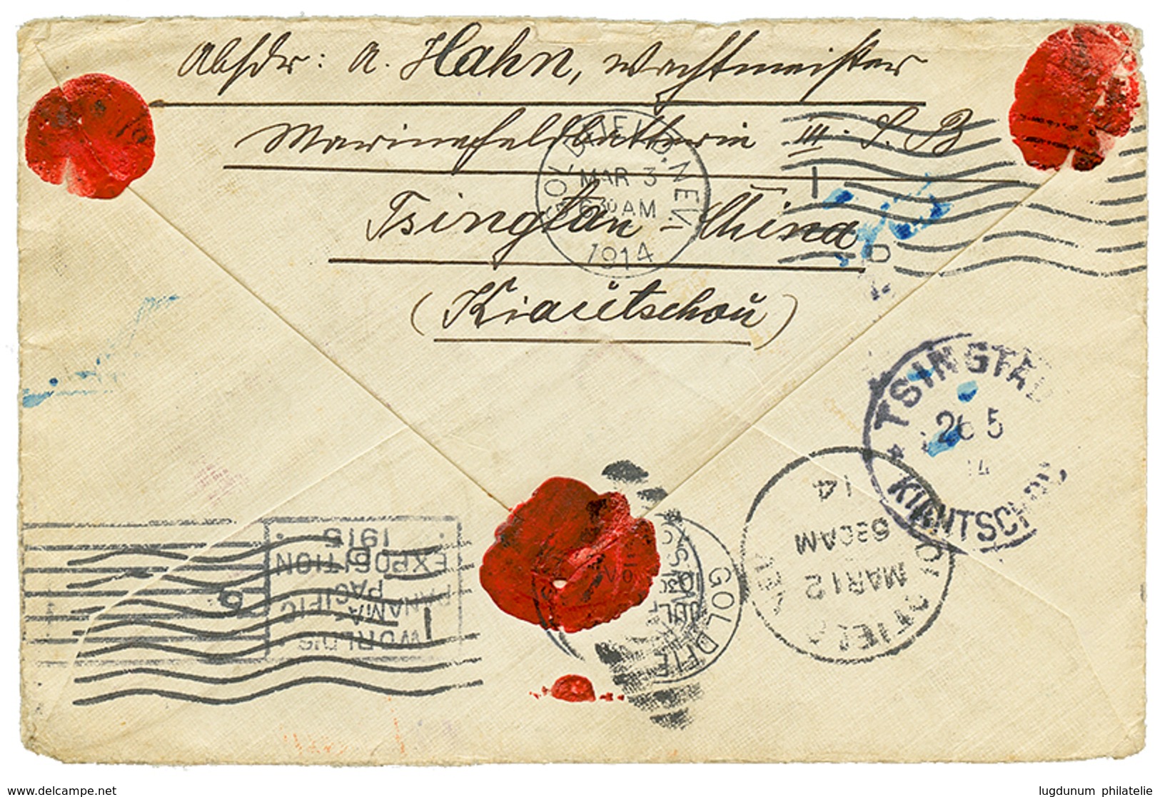 KIAUTSCHOU : 1914 4c(x2) Canc. TAITUNGTSCHEN + Boxed SERVICE DES PRISONNIERS DE GUERRE On Envelope To SAN FRANCISCO (USA - Kiautschou