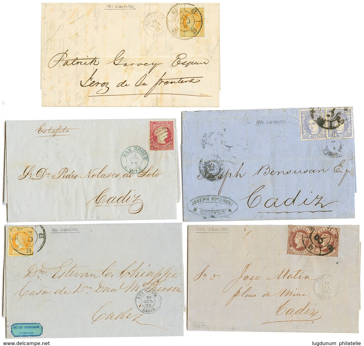 GIBRALTAR - STAMPS From SPAIN : 1856/70 Lot 5 Stamped Entire Letters From GIBRALTAR To SPAIN. Vvf. - Gibraltar