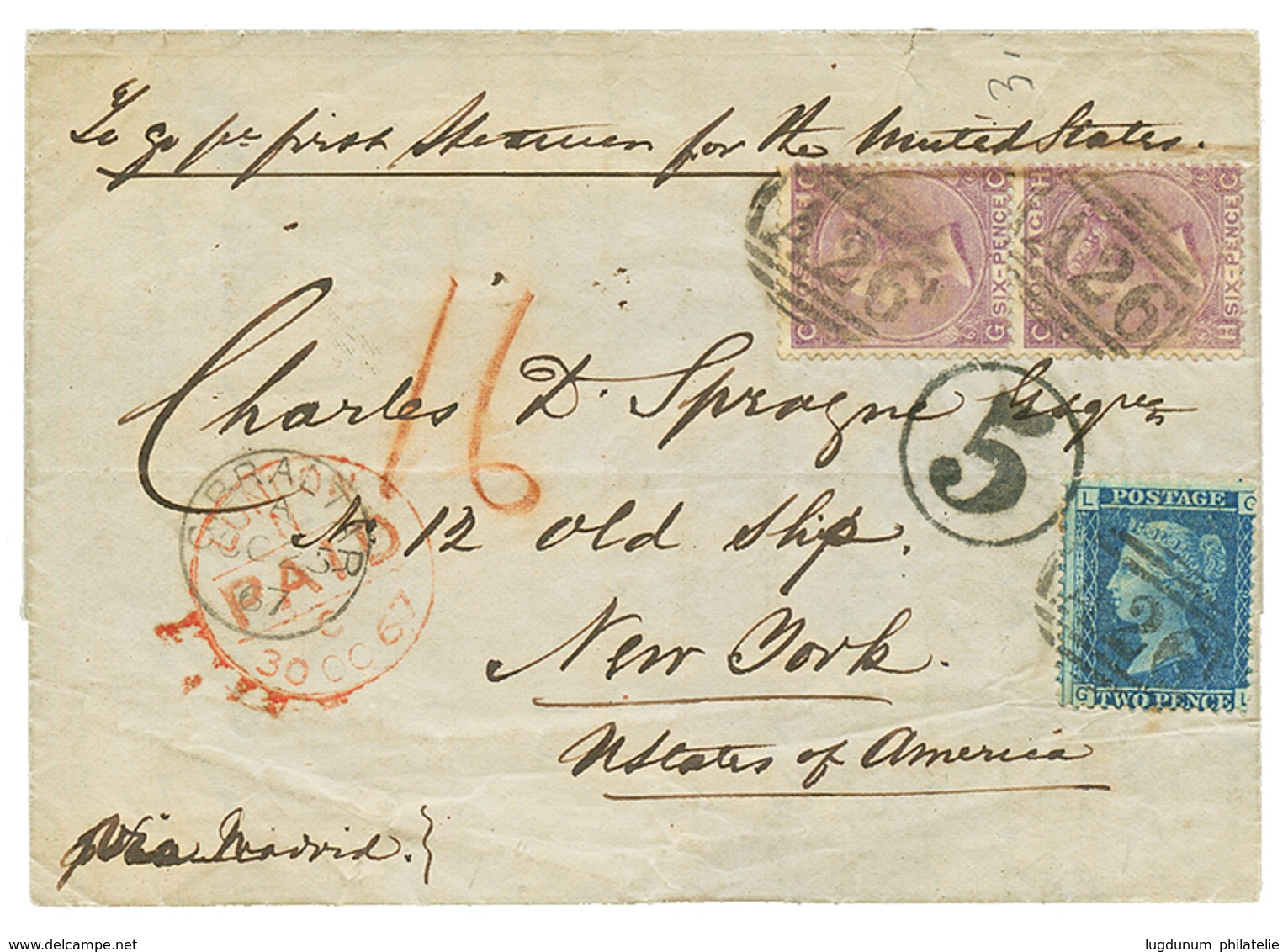 1867 GB 6d(x2) + 2b Canc. A26 + GIBRALTAR On Cover To NEW YORK (USA). Vvf. - Gibraltar