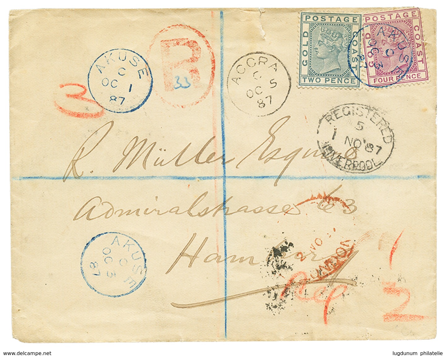 GOLD COAST : 1887 2d+ 4d Canc. AKUSE In Blue On REGISTERED Cover To HAMBURG (GERMANY). Superb. - Goldküste (...-1957)