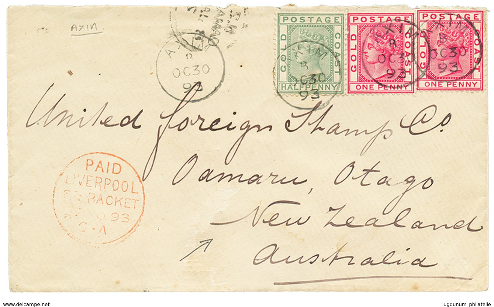 GOLD COAST To NEW ZEALAND : 1893 1/2d+ 1d(x2) Canc. AXIM On Envelope To OAMURU, NEW ZEALAND. Vvf. - Goldküste (...-1957)