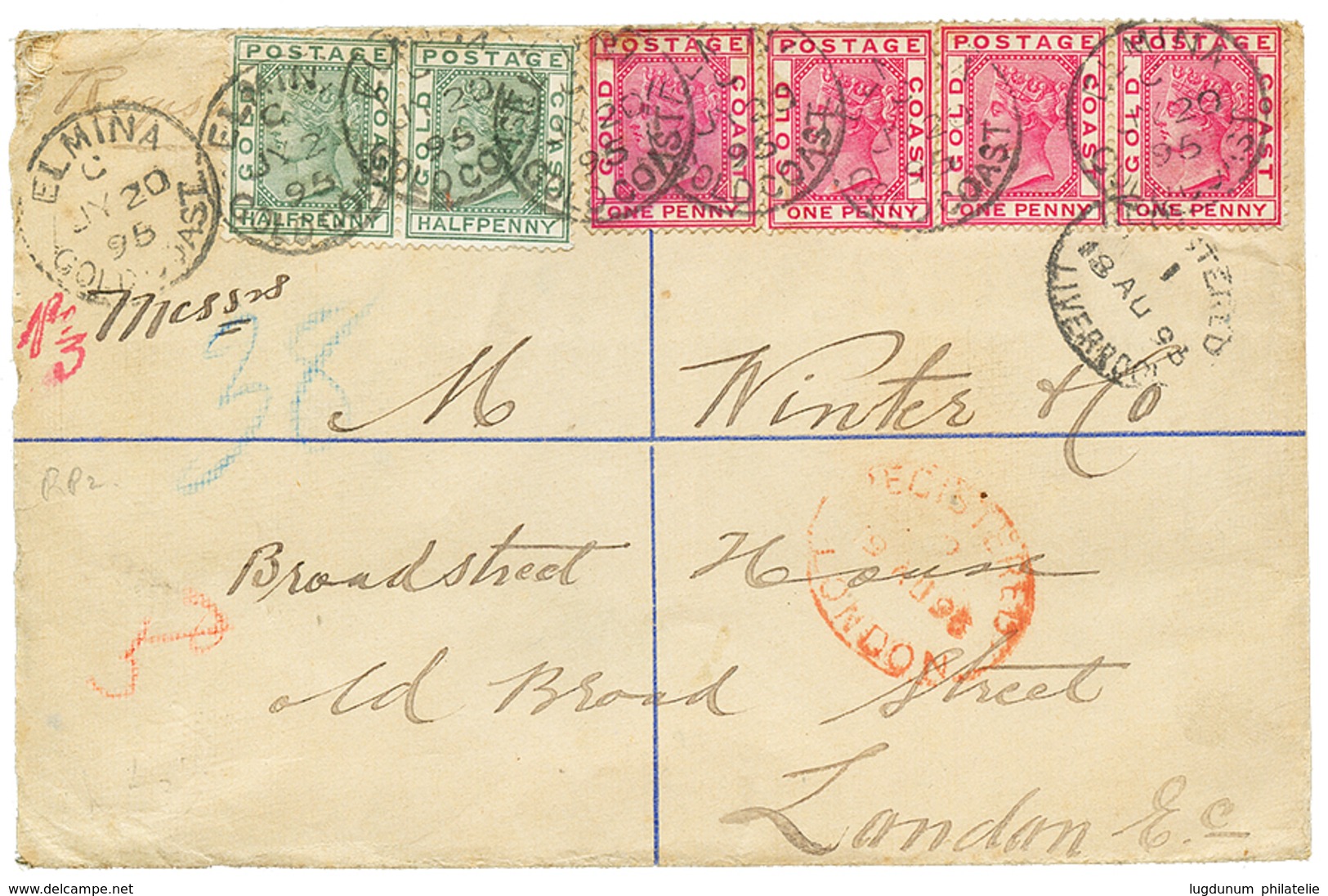 GOLD COAST : 1895 1/2d(x2) + 1d(x4) Canc. ELMINA On REGISTERED Envelope (2d) To ENGLAND. Vvf. - Goldküste (...-1957)