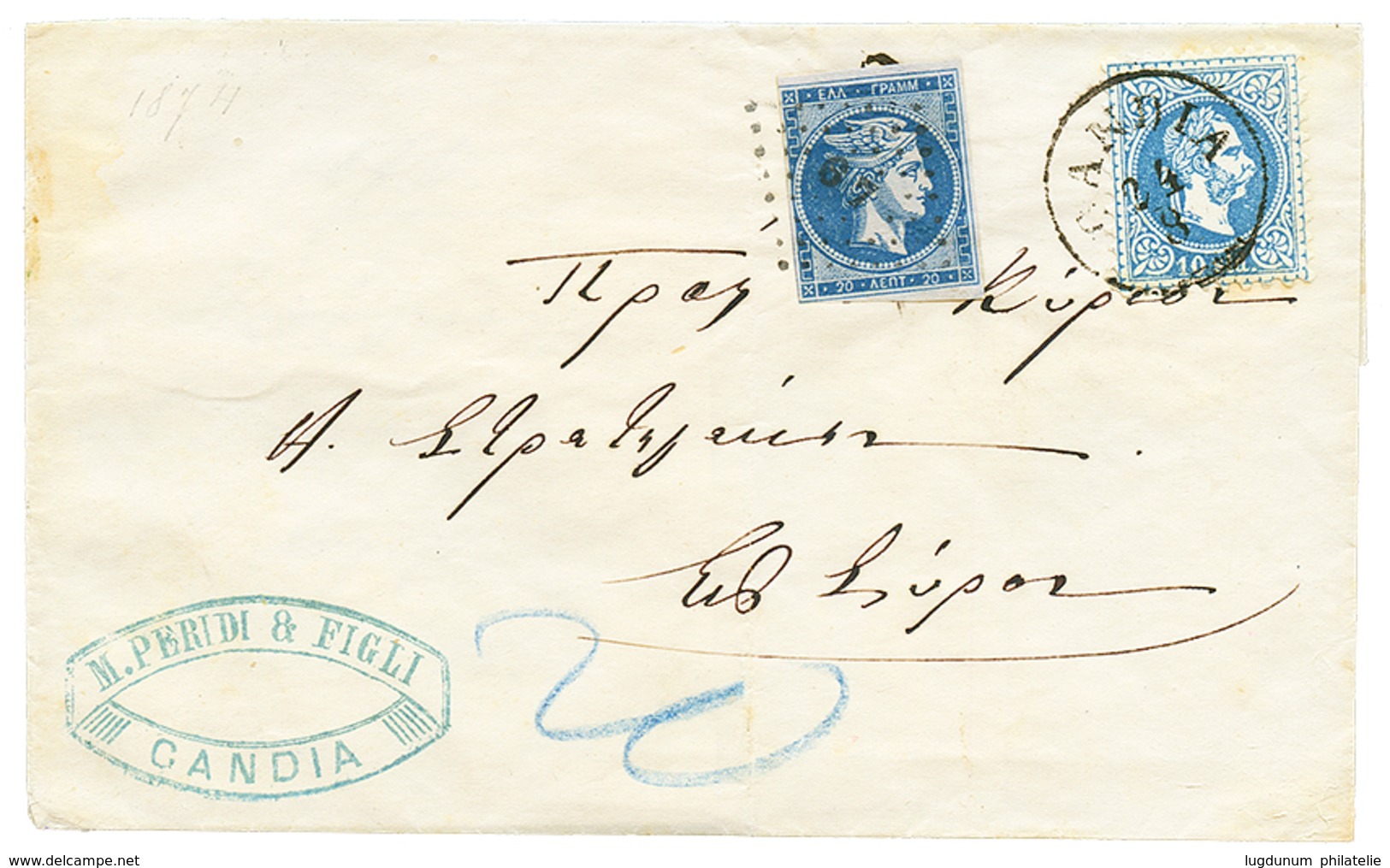 1874 AUSTRIAN LEVANT 10s Canc. CANDIA + GREECE 20l Canc. 67 Sur Lettre De CANDIA (CRETE). Vvf. - Sonstige & Ohne Zuordnung