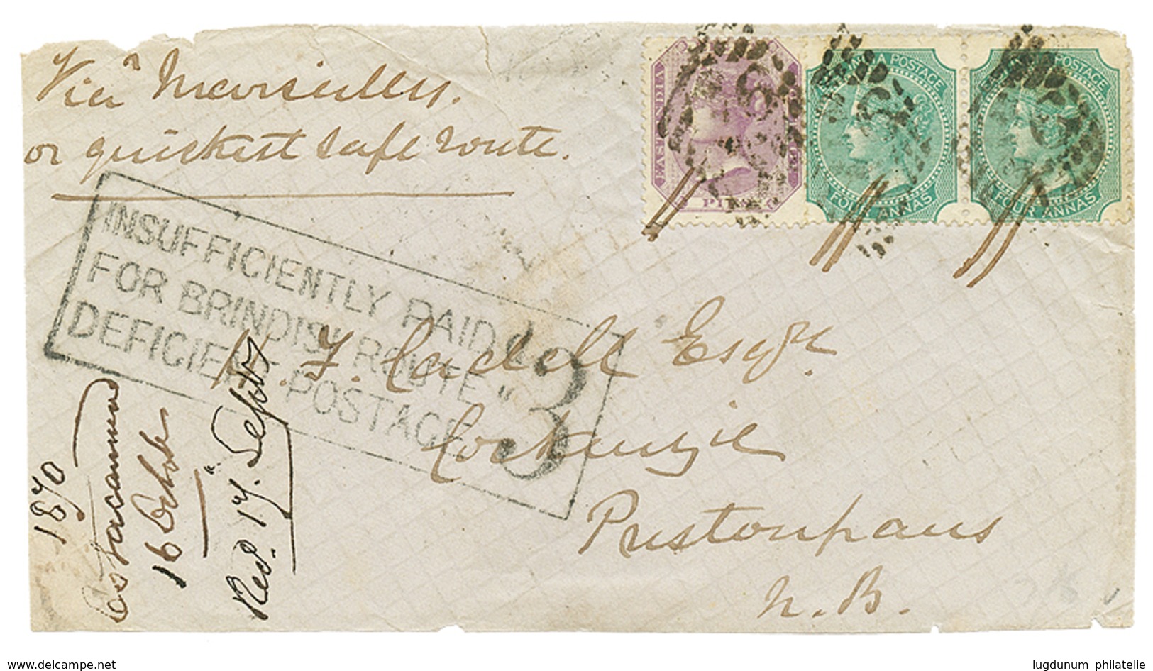 INDIA : 1870 8p + 4a(x2) + Extremely Scarce Boxed Cachet INSUFFICIENTLY PAID/ FOR BRINDISI ROUTE/DEFICIENT POSTAGE/ 3 On - Sonstige & Ohne Zuordnung
