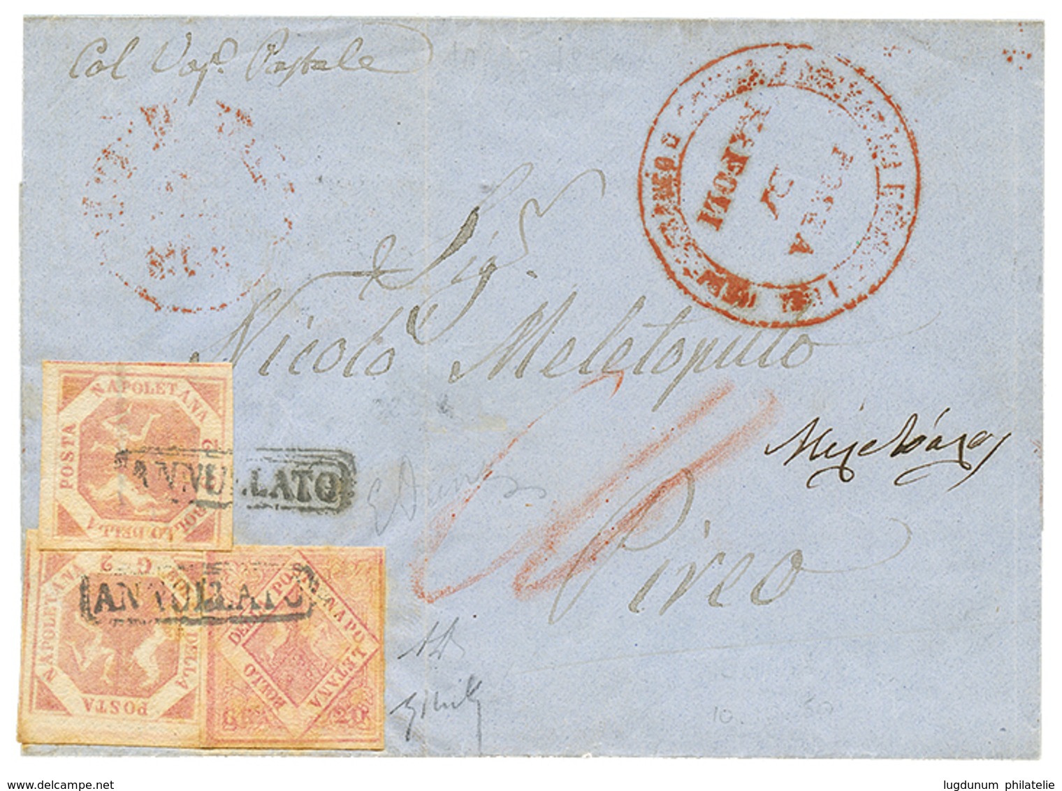 1859 NAPOLI 2g(x2) + 20g Canc. ANNULATO On Cover To PIREO (GREECE). Signed DIENA. Vf. - Ohne Zuordnung