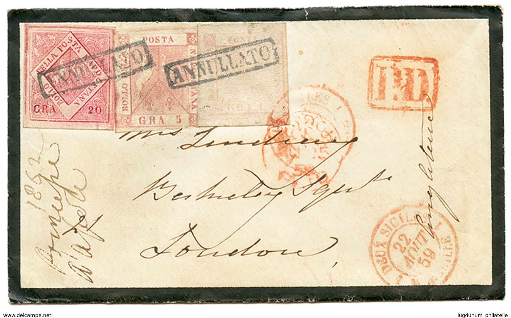 NAPOLI : 1859 20gr + 5g+ 1g Canc. ANNULATO On Envelope To ENGLAND. Vf. - Ohne Zuordnung