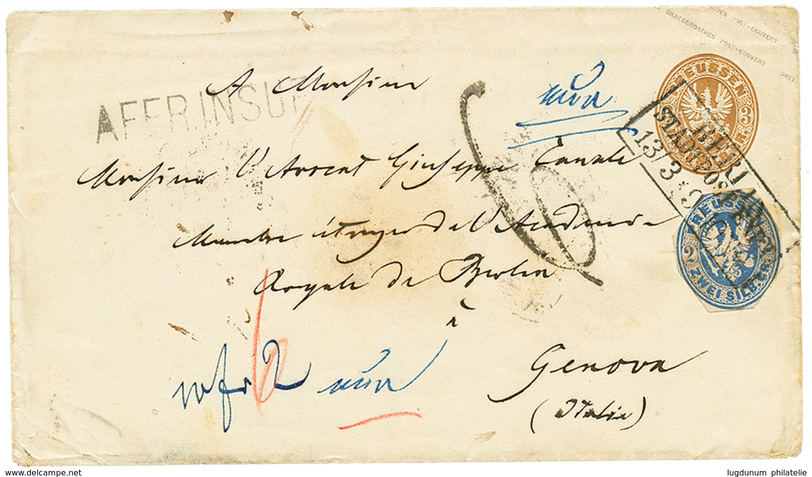 "VERBANO N°2" : 1862 PRUSSIA P./Stat3sgr + 2sgr (postal Stationery Cut) Canc. BERLIN + AFFR. INSUF. + "6" Tax Marking To - Ohne Zuordnung