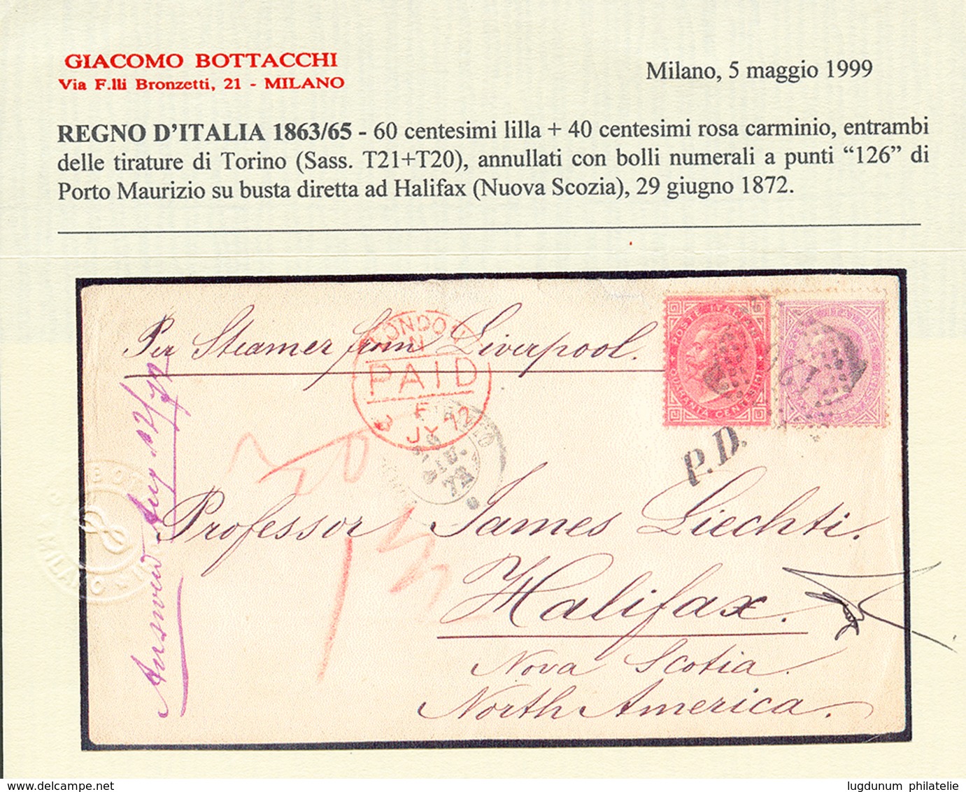 "1L. To NOVA SCOTIA" : 1877 40c + 60c Canc. 126 + PORTO-MAURIZIO On Envelope To HALIFAX (NOVA SCOTIA). RARE. BOTTACCHI C - Ohne Zuordnung