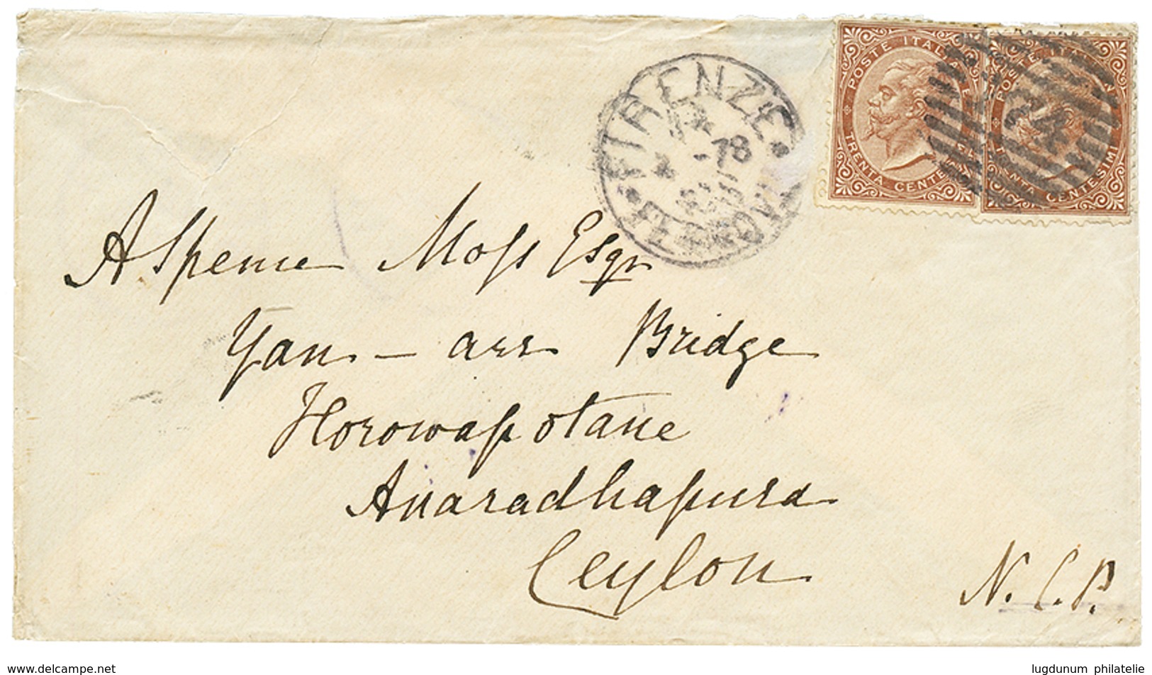 "60c Rate To CEYLON" :1878 30c(x2) On Envelope From FIRENZE To ANAHADRAPOORA (CEYLON). Rare Destination. Vf. - Ohne Zuordnung