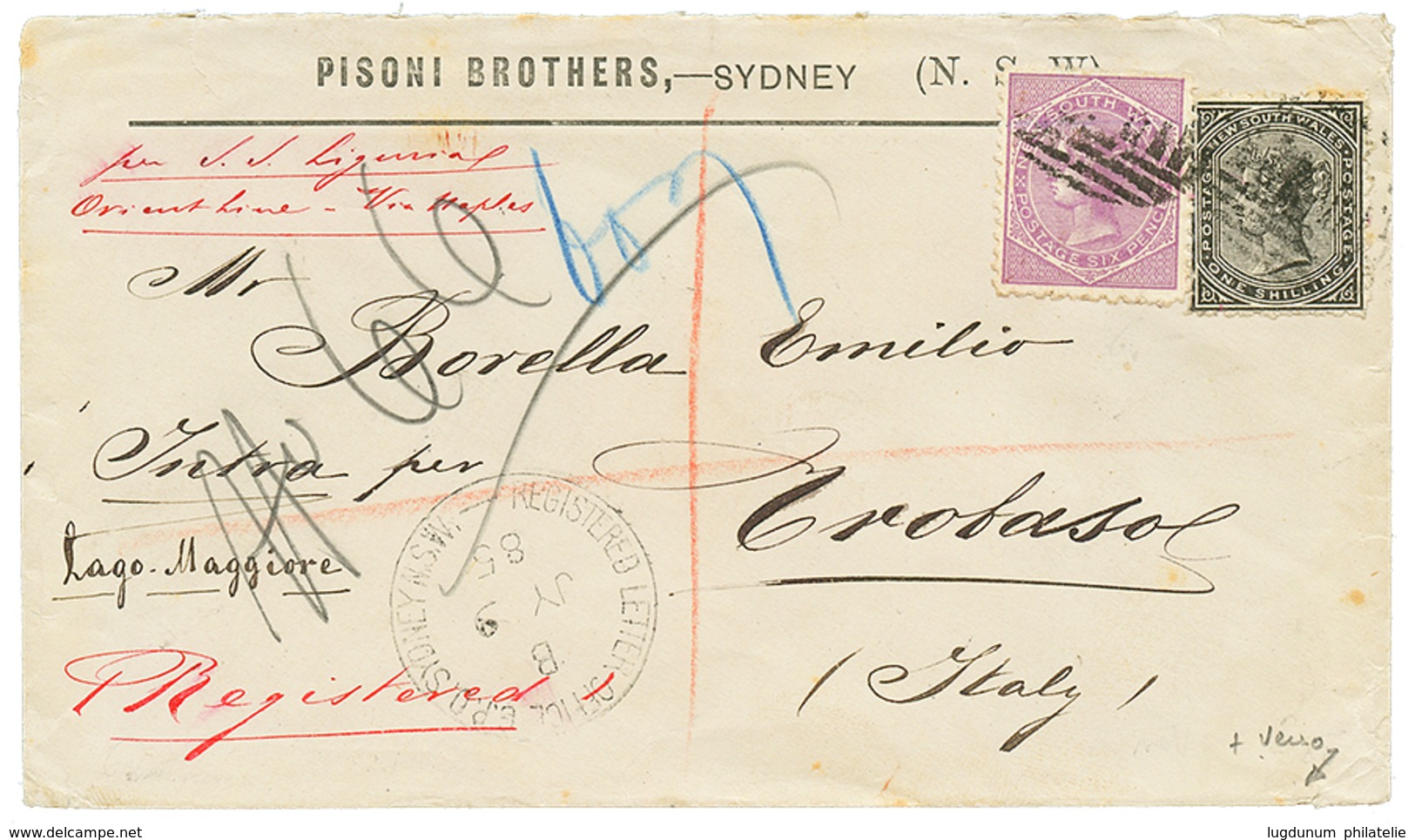 "MAGADINO-ARONA N°3" : 1885 NEW SOUTH WALES 1 Shilling + 6d On REGISTERED Envelope From SUDNEY To TROBASO (ITALY). Verso - Ohne Zuordnung