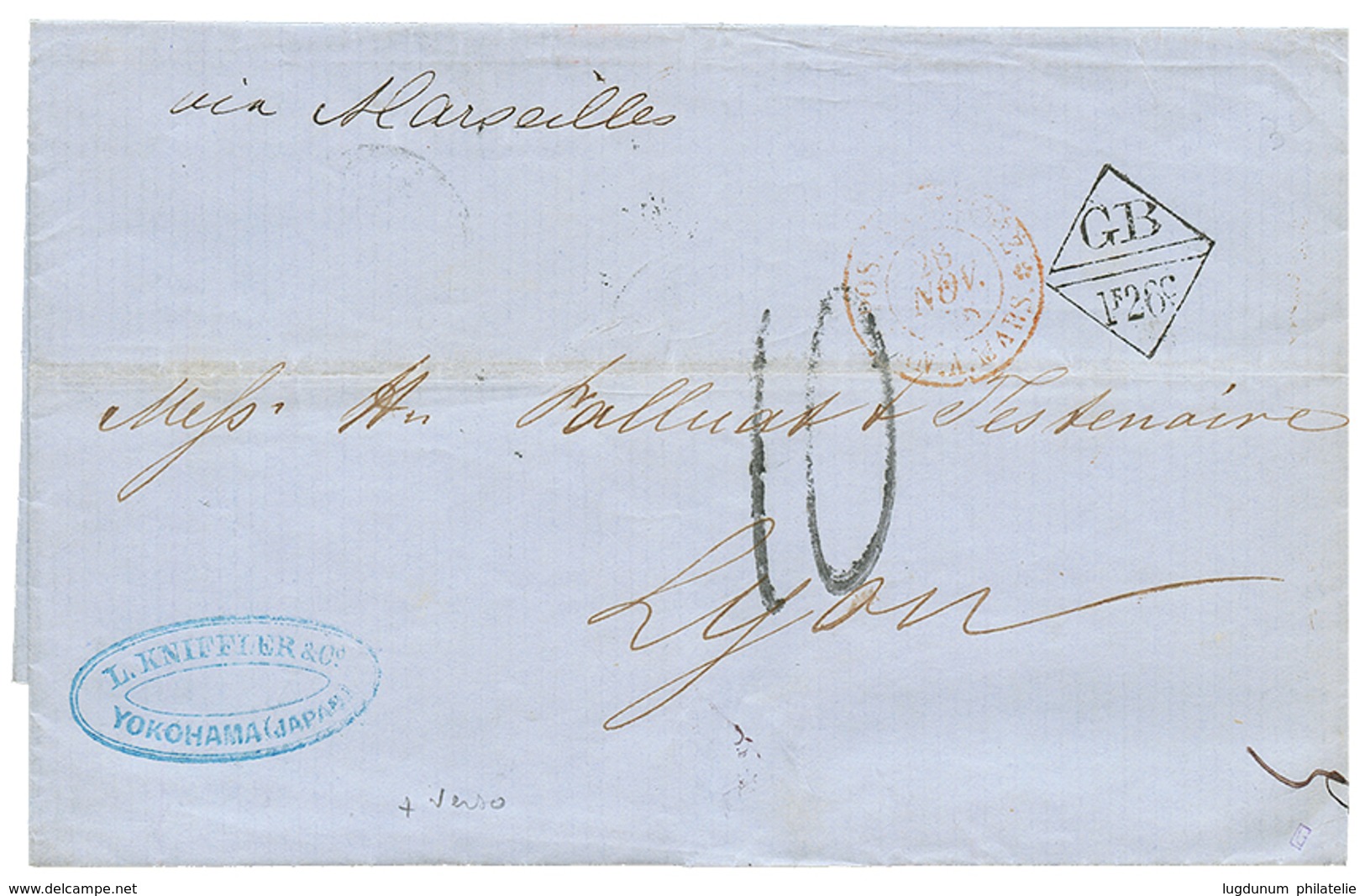 JAPAN ; 1868 Exchange Marking GB/1F26c On Entire Letter From YOKOHAMA To FRANCE. Verso, British Cds YOKOHAMA + HONG-KONG - Sonstige & Ohne Zuordnung