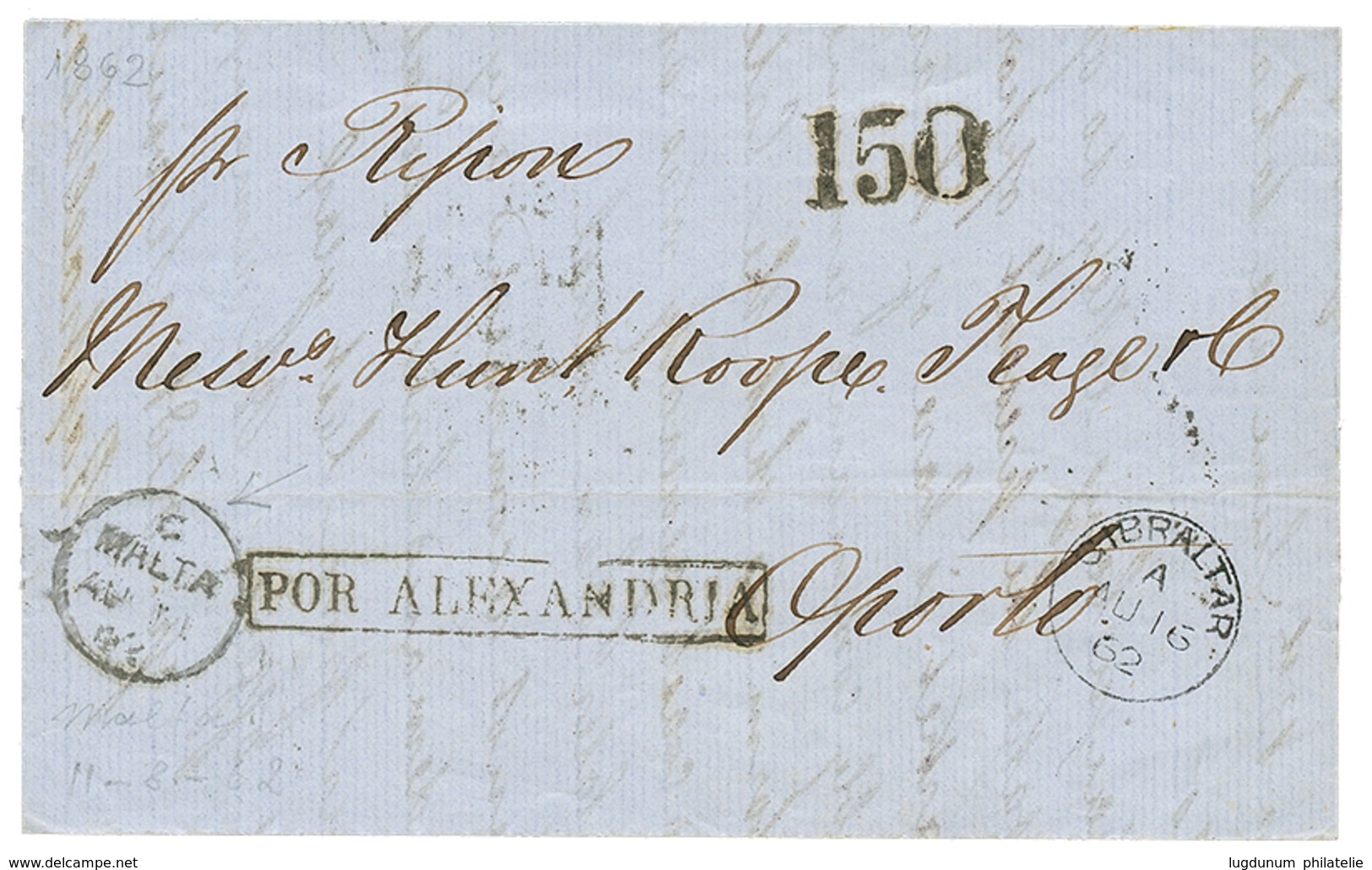 MALTA : 1862 MALTA + Boxed POR ALEXANDRIA + GIBRALTAR On Entire Letter From MALTA To PORTUGAL. Vvf. - Malta (...-1964)