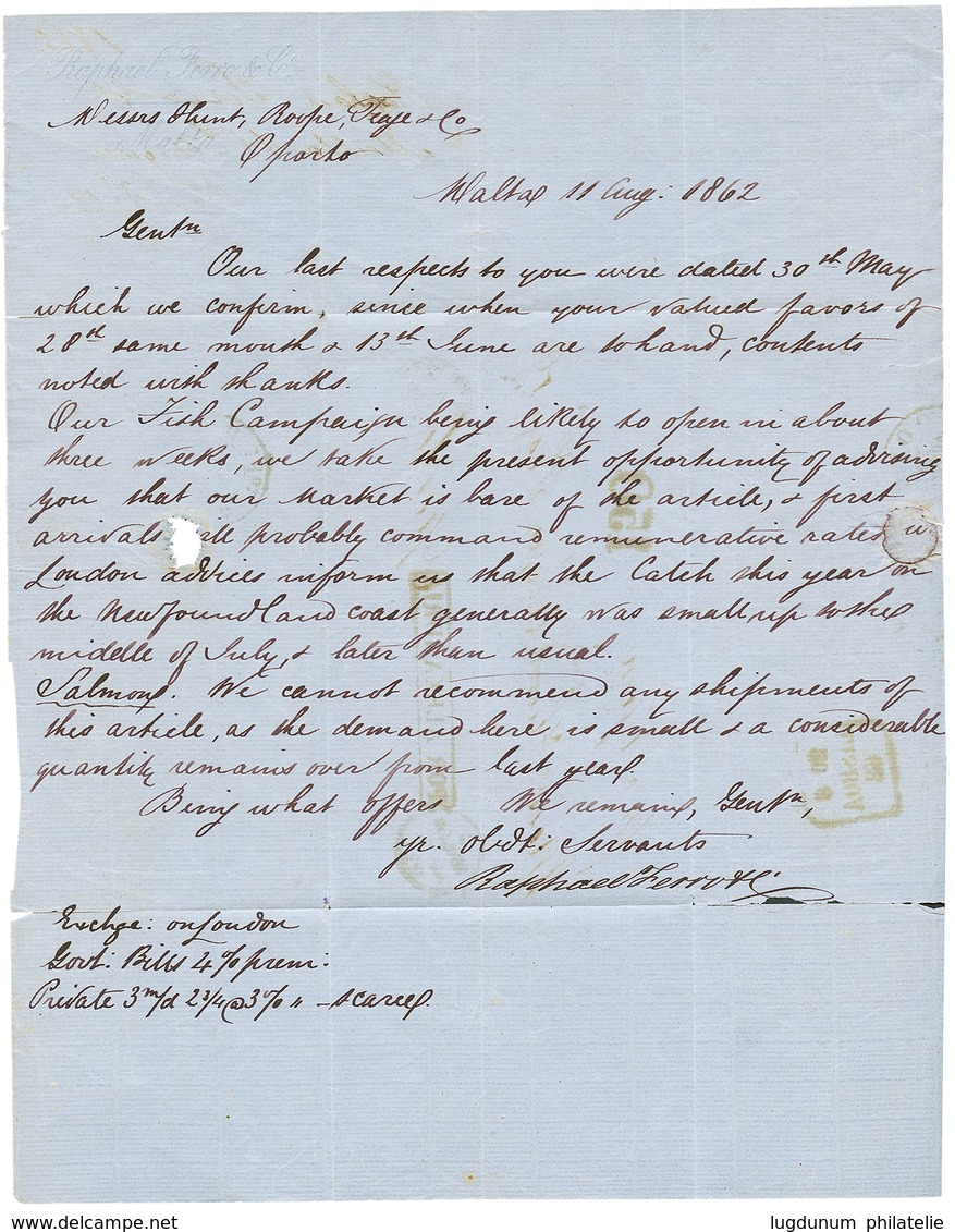 MALTA : 1862 MALTA + Boxed POR ALEXANDRIA + GIBRALTAR On Entire Letter From MALTA To PORTUGAL. Vvf. - Malta (...-1964)