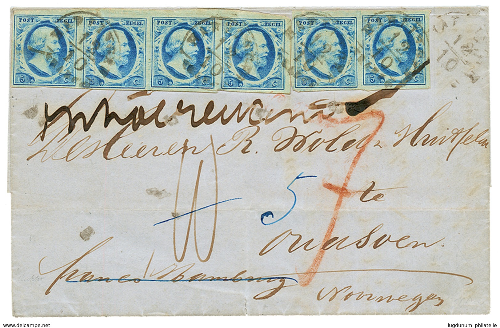 NETHERLANDS : 1858 5c Strip Of 4 + Pair Canc. HARLINGEN + Tax Marking On Entire Letter To NORWAY. NVPH Certificate (2015 - Sonstige & Ohne Zuordnung