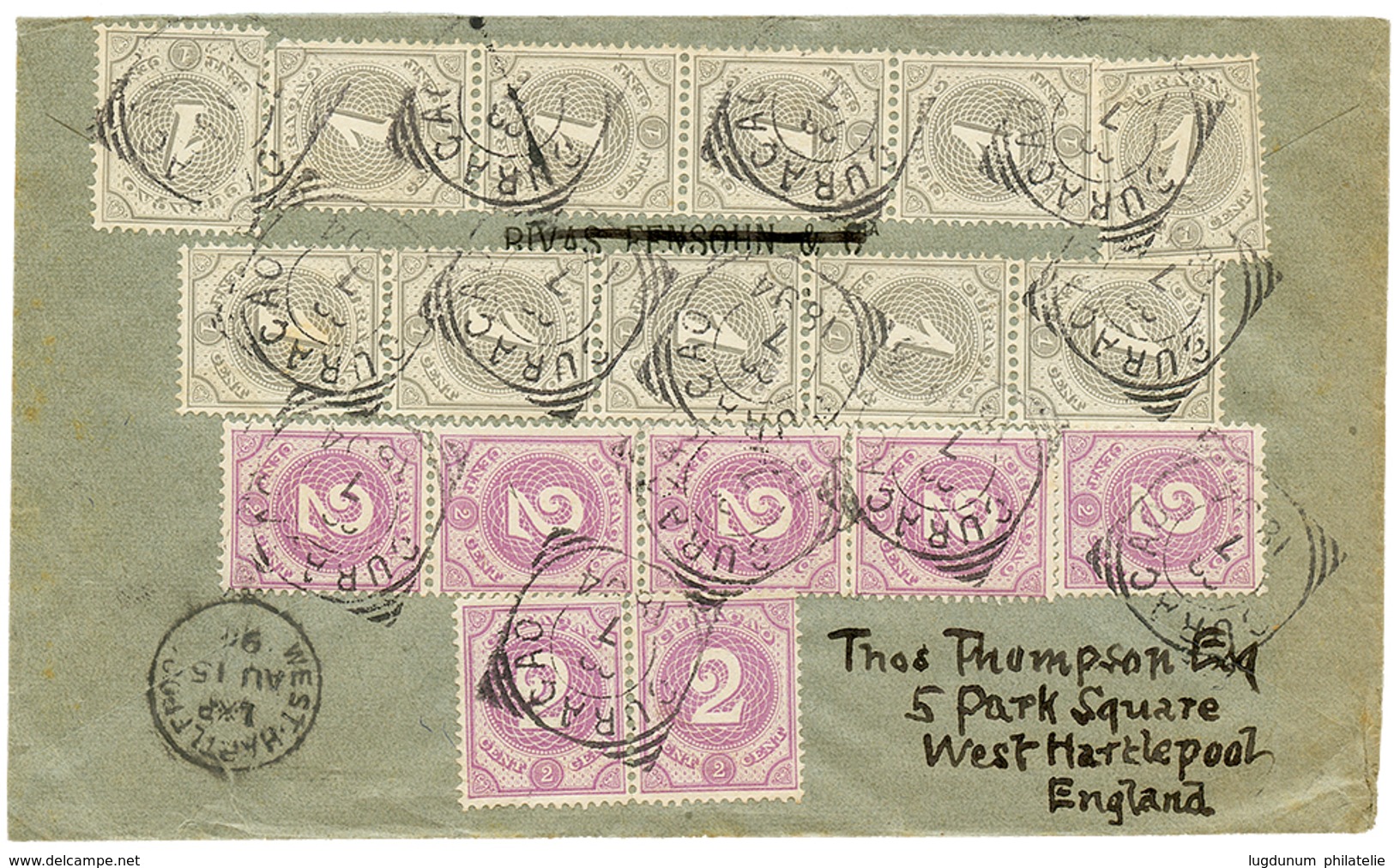 CURACAO : 1894 1c(x11) + 2c(x7) Canc. CURACAO On Envelope To ENGLAND. Vvf. - Niederländische Antillen, Curaçao, Aruba