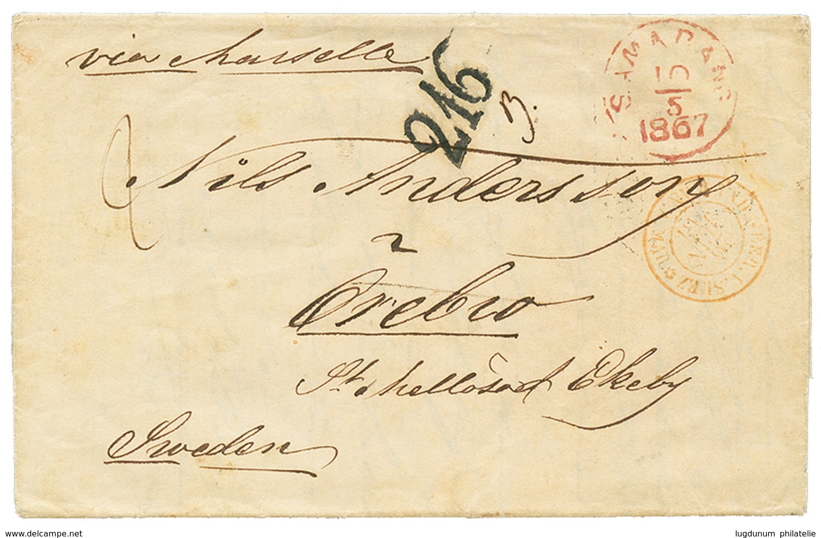 "NETH. INDIES To SWEDEN" : 1867 SAMARANG + "216" Swedish Tax Marking On Entire Letter From SAMARANG To SWEDEN. Very RARE - Niederländische Antillen, Curaçao, Aruba