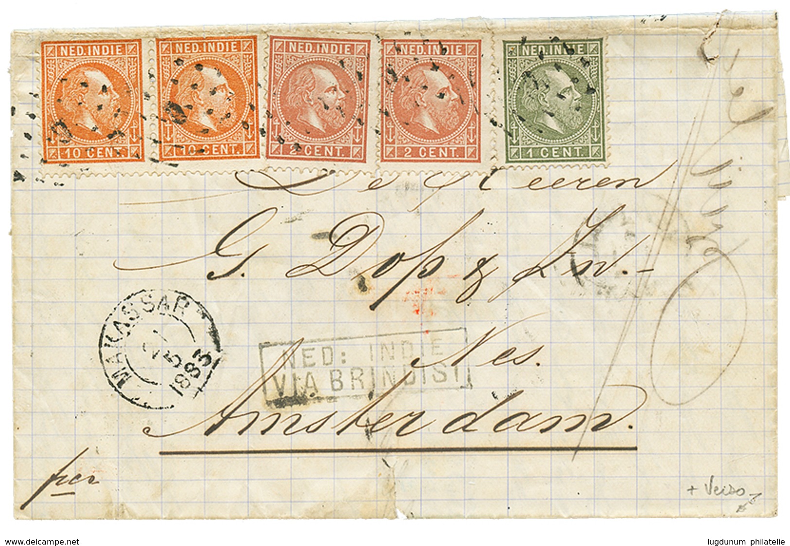 NETH. INDIES : 1883 1c + 2c(x2) + 10c(x2) Canc. 9 + MAKASAR + Boxed BONTHAIN (verso) On Entire Letter Datelined "BONTHAI - Niederländische Antillen, Curaçao, Aruba