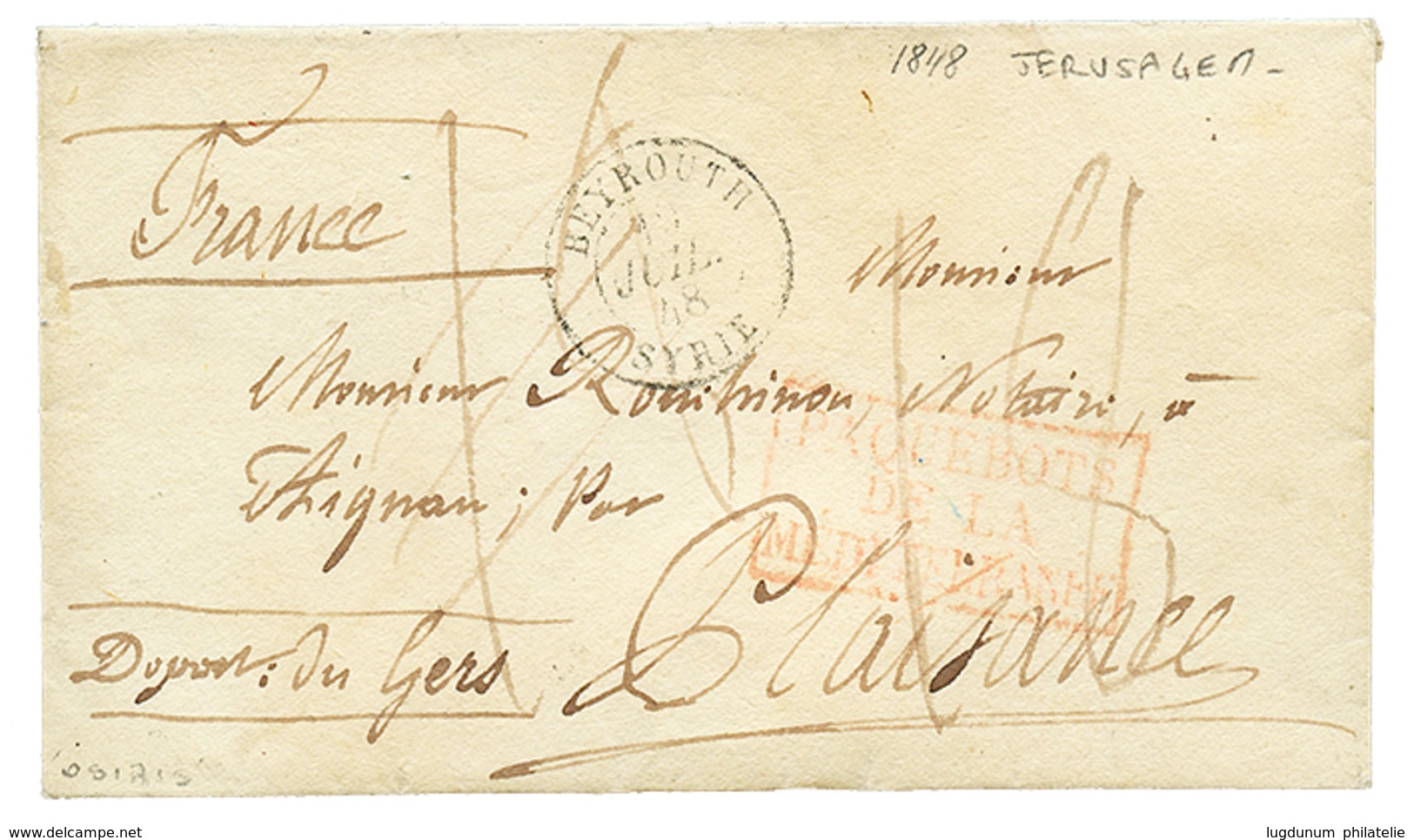 "JERUSALEM Via BEYROUTH" : 1848 BEUROUTH SYRIE + "18" Tax Marking On Envelope With Full Text Datelined "JERUSALEM" To FR - Palästina
