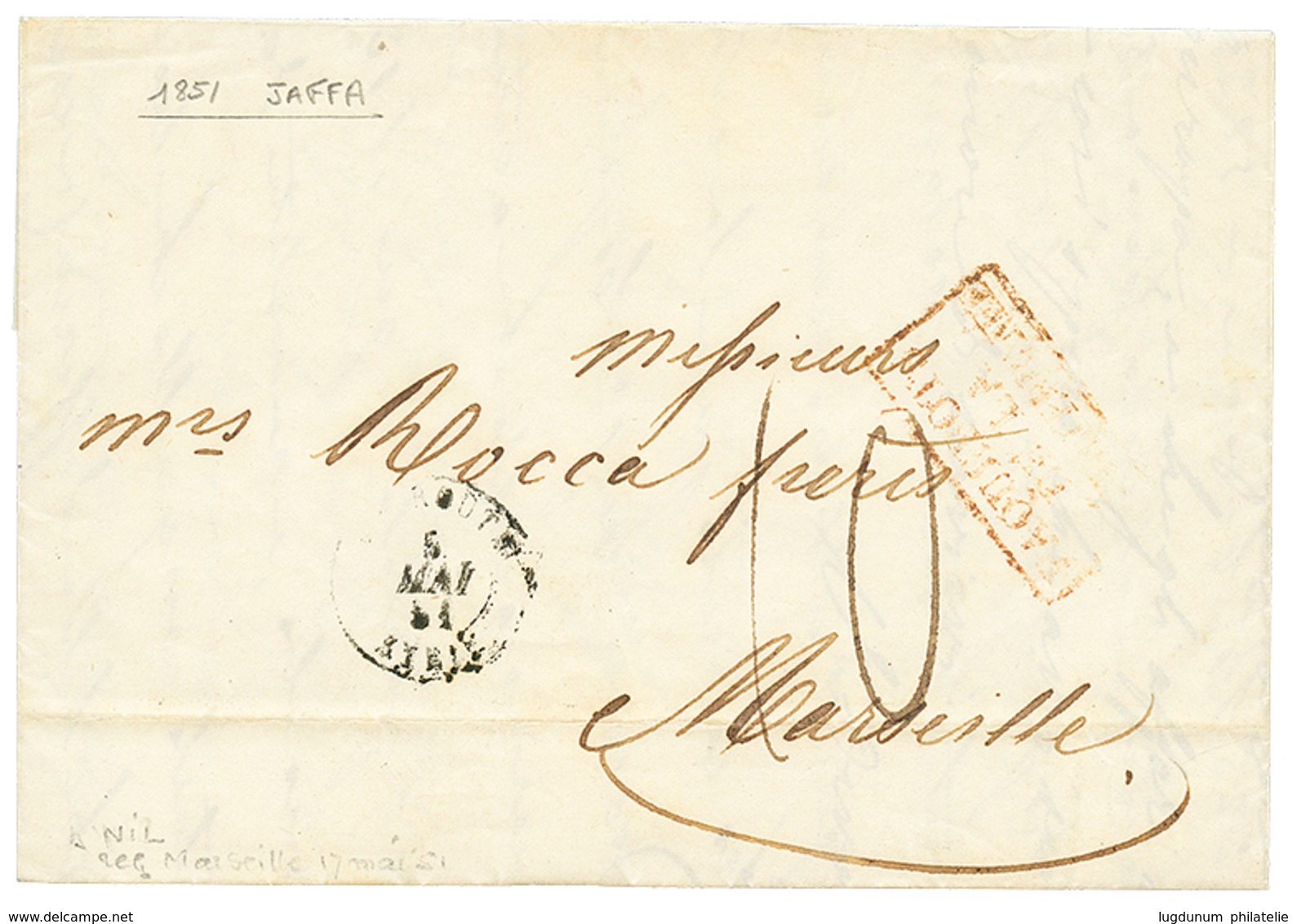 "JAFFA Via BEYROUTH" : 1848 BEYROUTH SYRIE + "10" Tax Marking On Entire Letter With Full Text Datelined "JAFFA" To FRANC - Palästina