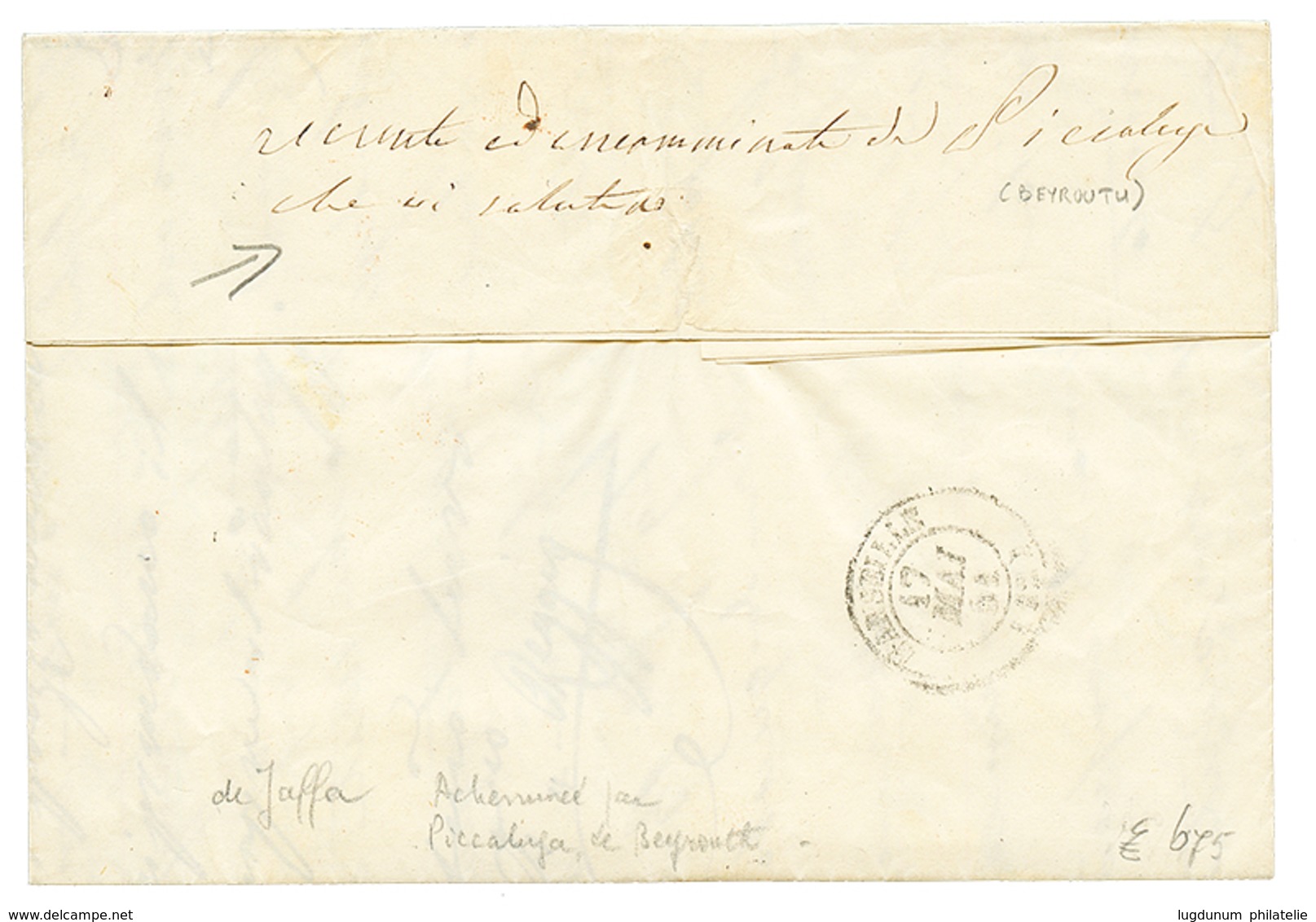 "JAFFA Via BEYROUTH" : 1848 BEYROUTH SYRIE + "10" Tax Marking On Entire Letter With Full Text Datelined "JAFFA" To FRANC - Palästina